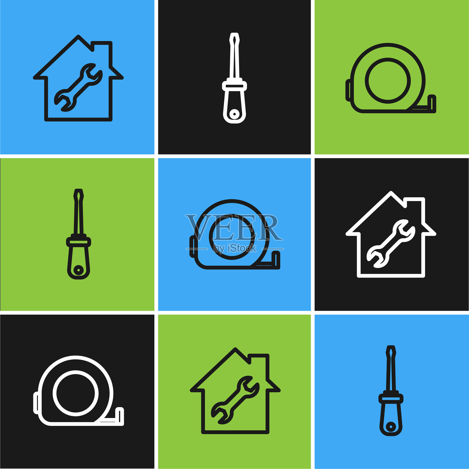 房屋修理、轮盘建筑和螺丝刀图标。矢量图。插画图片素材
