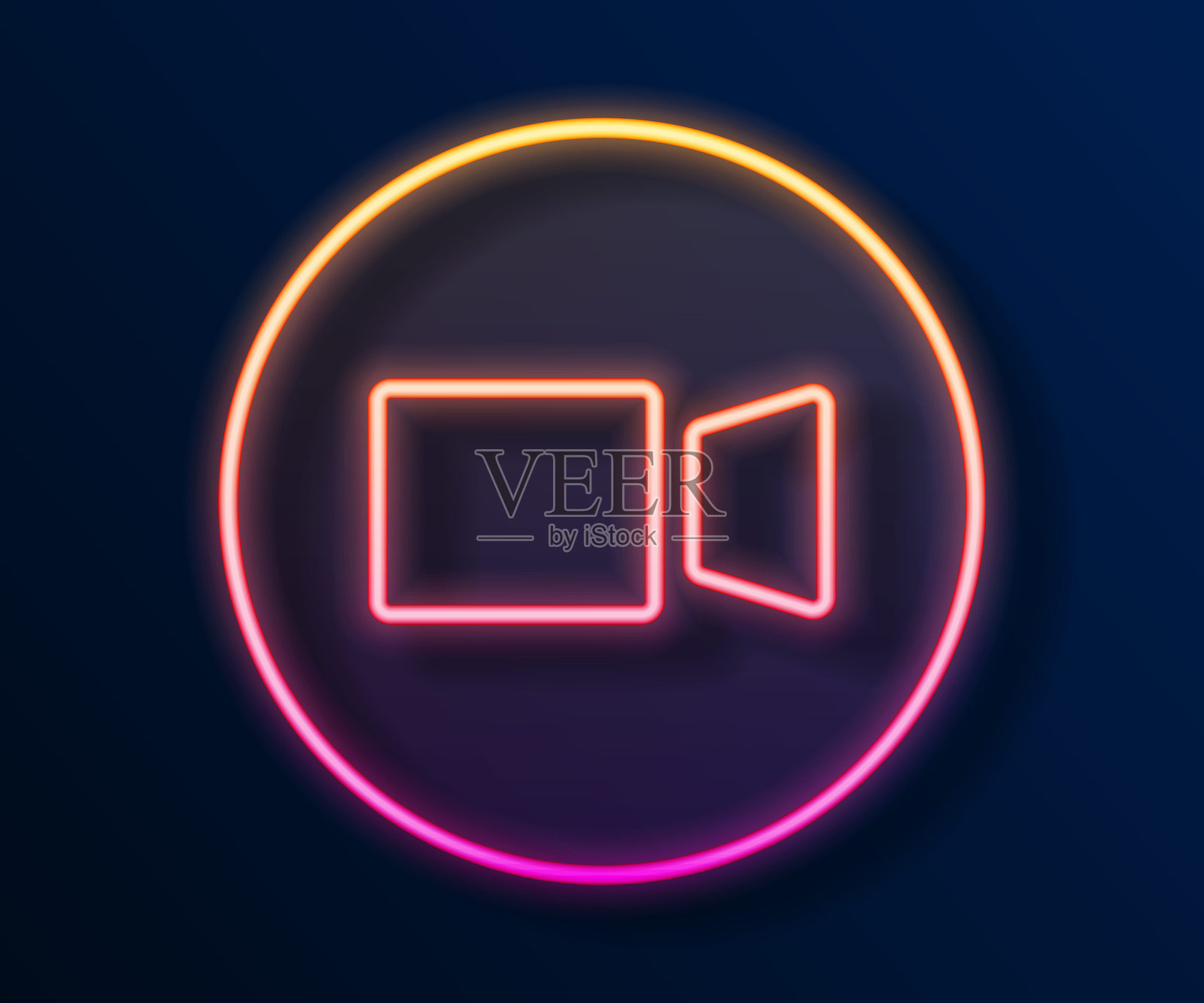 发光的霓虹线视频聊天会议图标，背景为黑色。在线会议，居家办公。远程项目管理。矢量图。插画图片素材