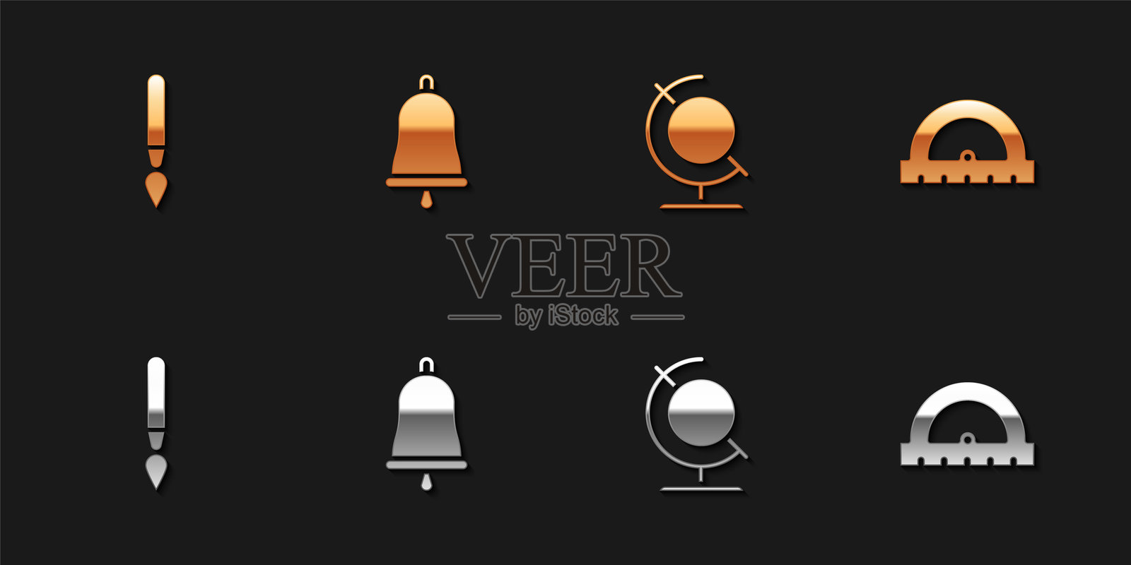 画笔、铃铛、地球仪和量角器图标。矢量图。插画图片素材