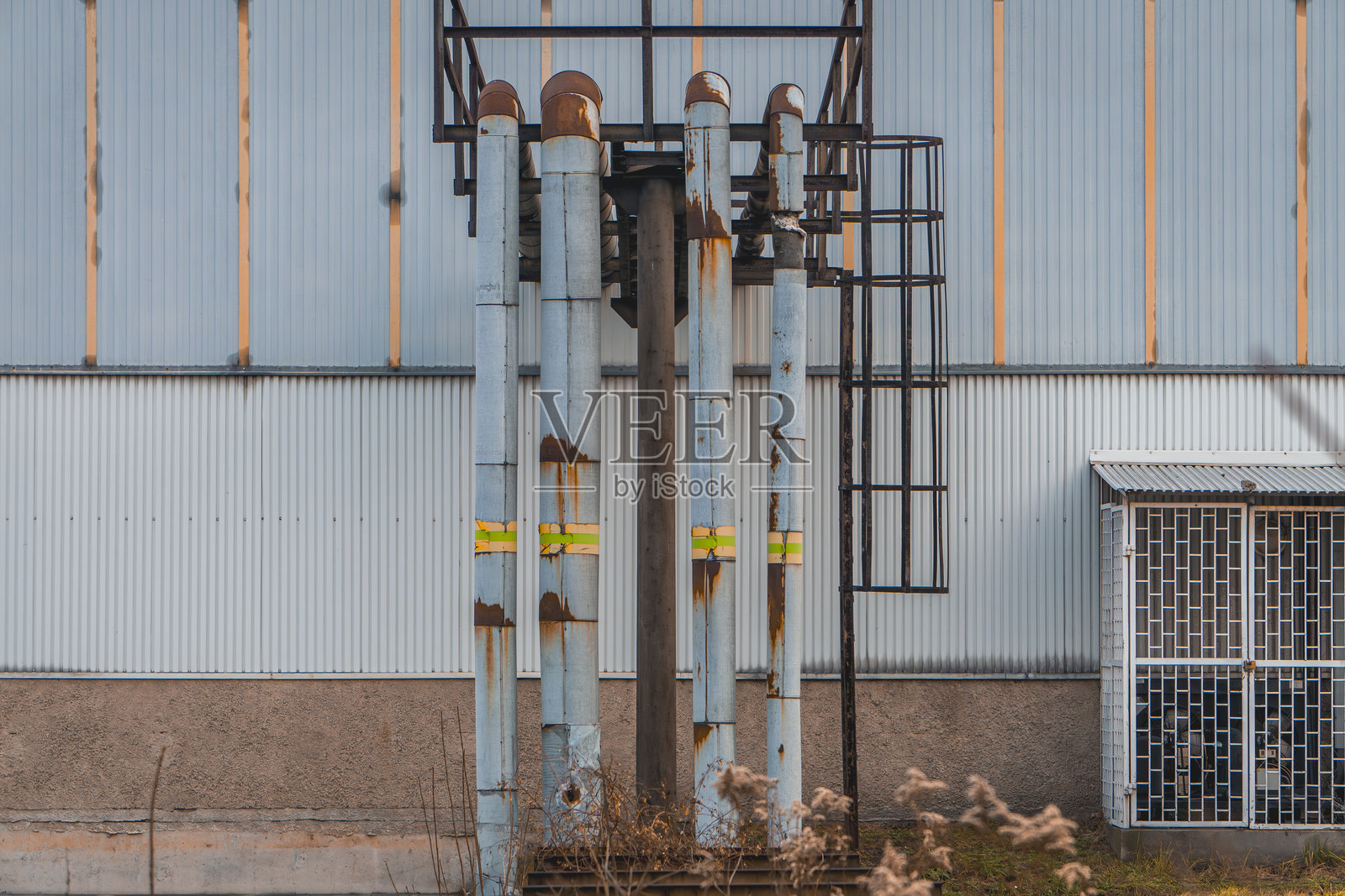 供热网络，热网，预绝缘管道，覆盖在灌木丛中的热供应管道向上延伸。废弃的锅炉房，关闭的生产厂房。生锈、损坏的管道。工业氛围。照片摄影图片