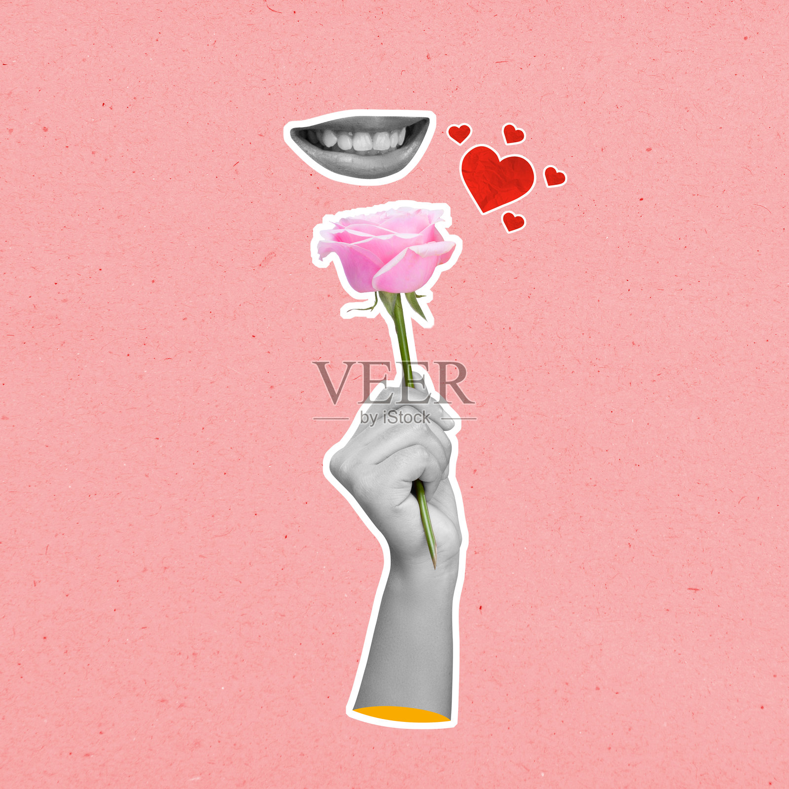 一只手握着一朵粉色玫瑰花，背景上有红色心形图案。照片摄影图片