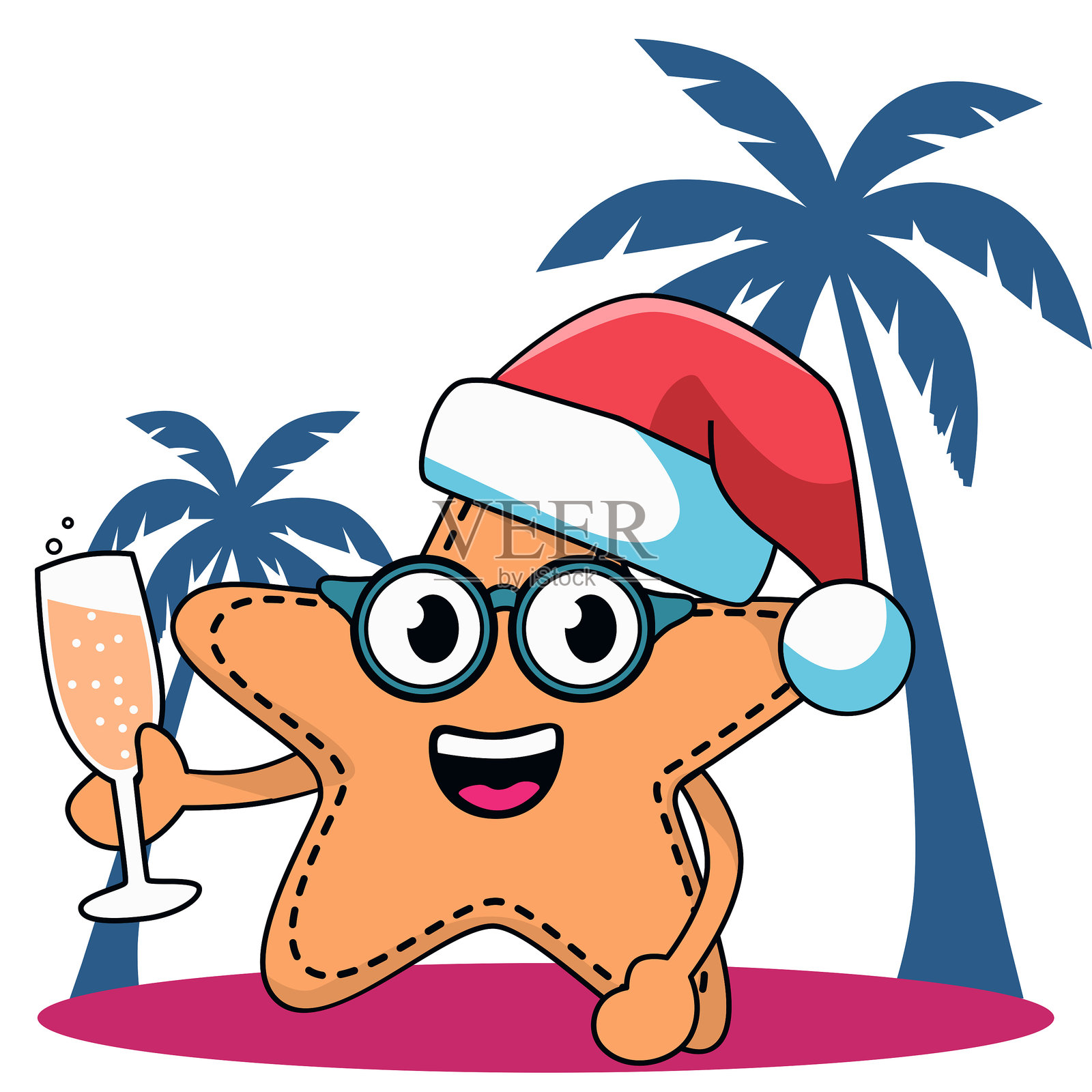 明亮有趣的插图，描绘了一只戴着圣诞老人帽子的微笑海星插画图片素材