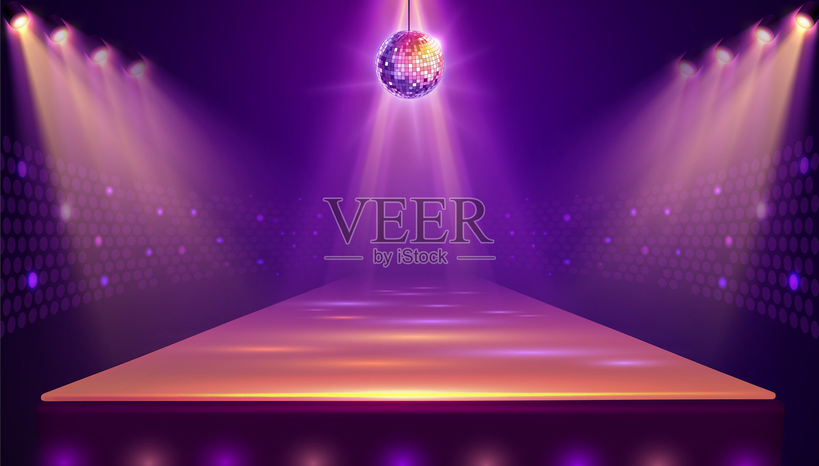 迪斯科派对展示背景，带有3D讲台、迪斯科球和聚光灯光束。迪斯科球背景。矢量插图插画图片素材