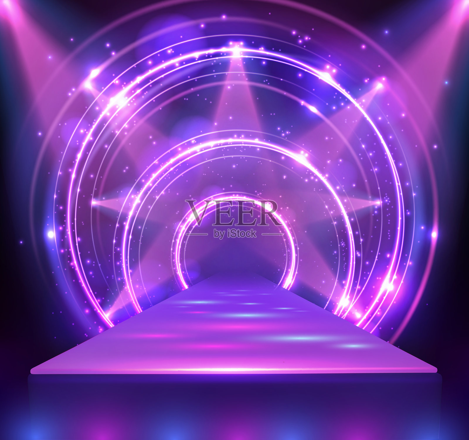 迪斯科派对展示背景，带有3D讲台、霓虹灯圆圈和聚光灯光束。迪斯科球背景。矢量插图插画图片素材