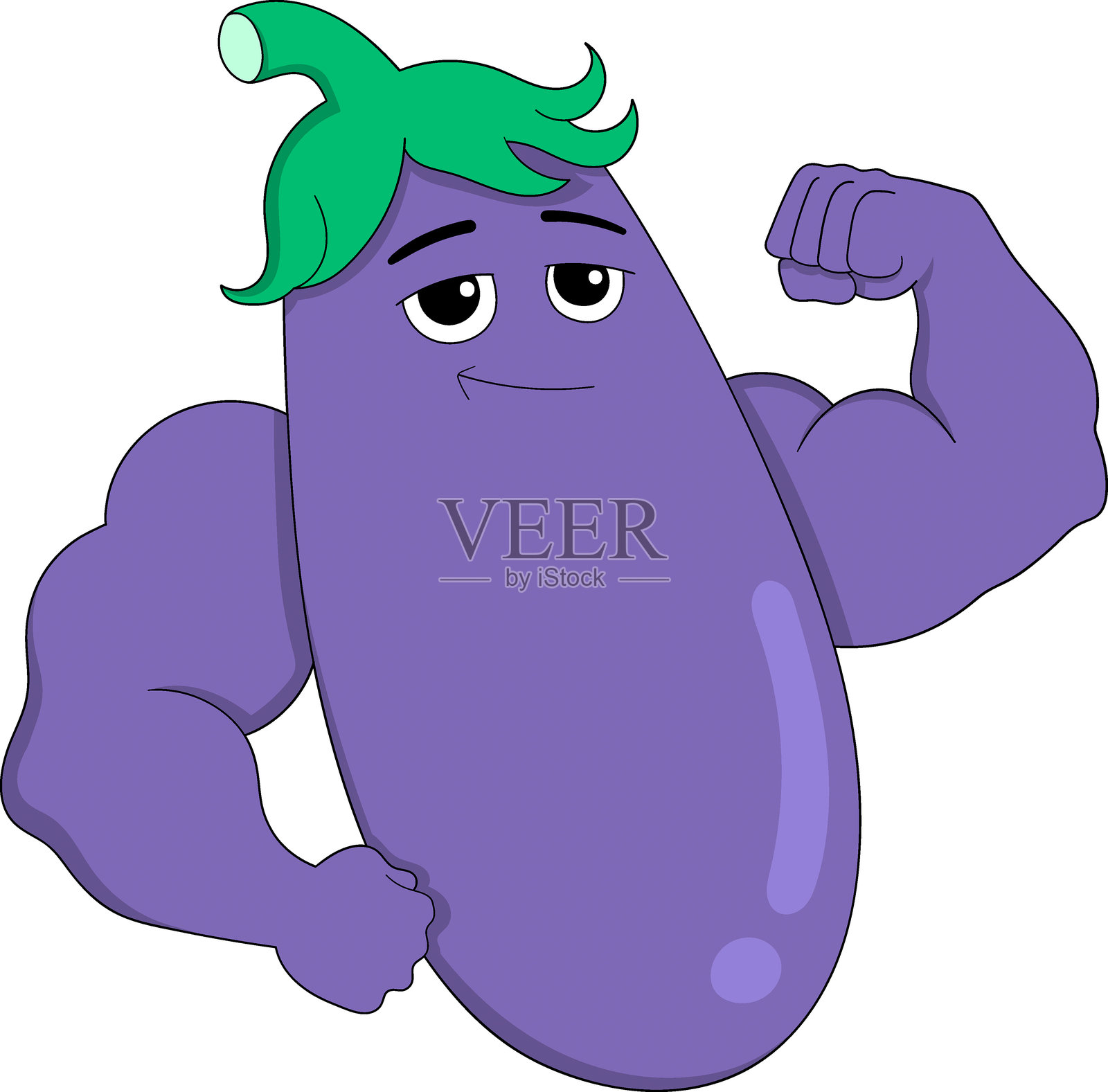 充满活力的卡通茄子角色自信地微笑并展示肌肉。插画图片素材