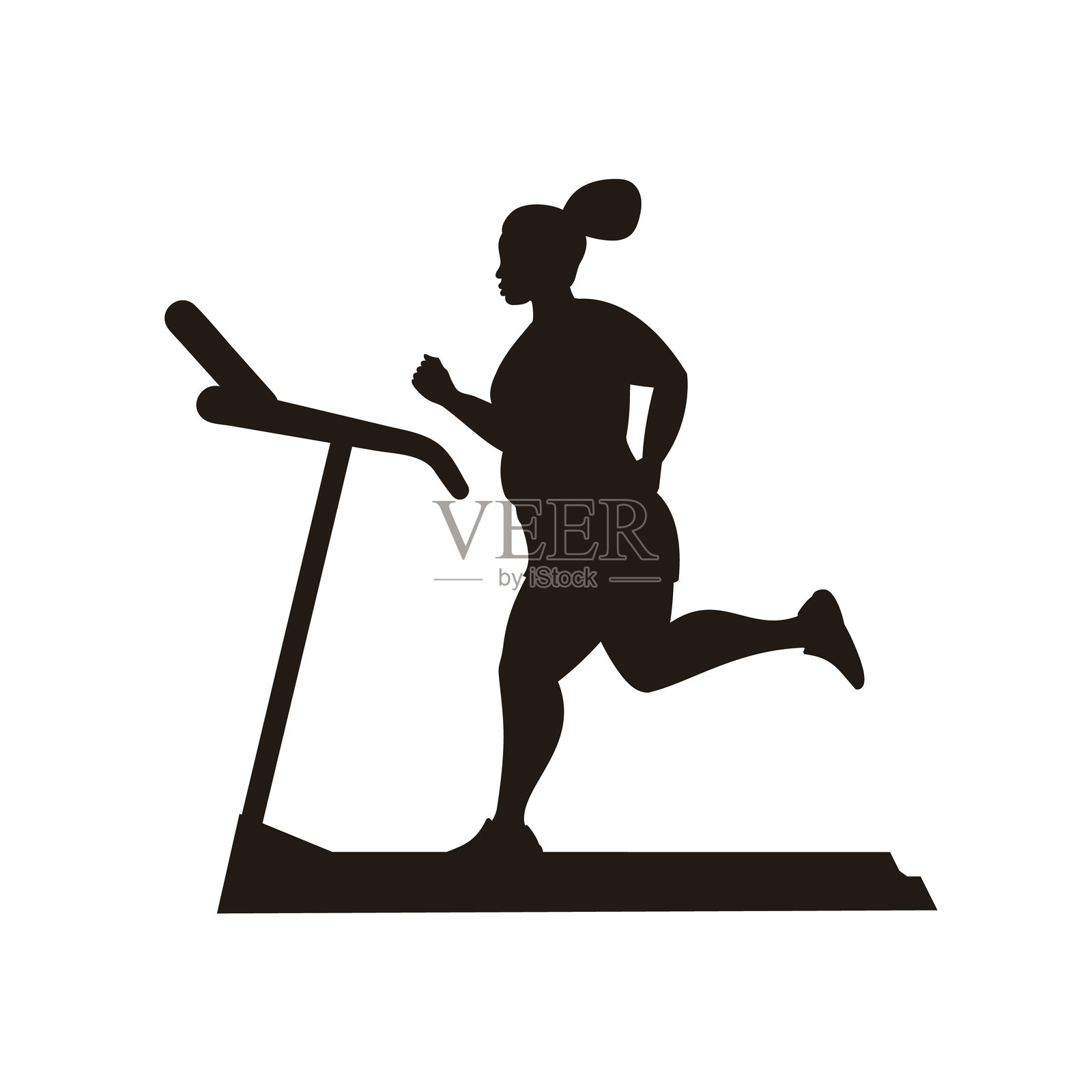 一位超重女性在跑步机上跑步的黑色剪影。插画图片素材