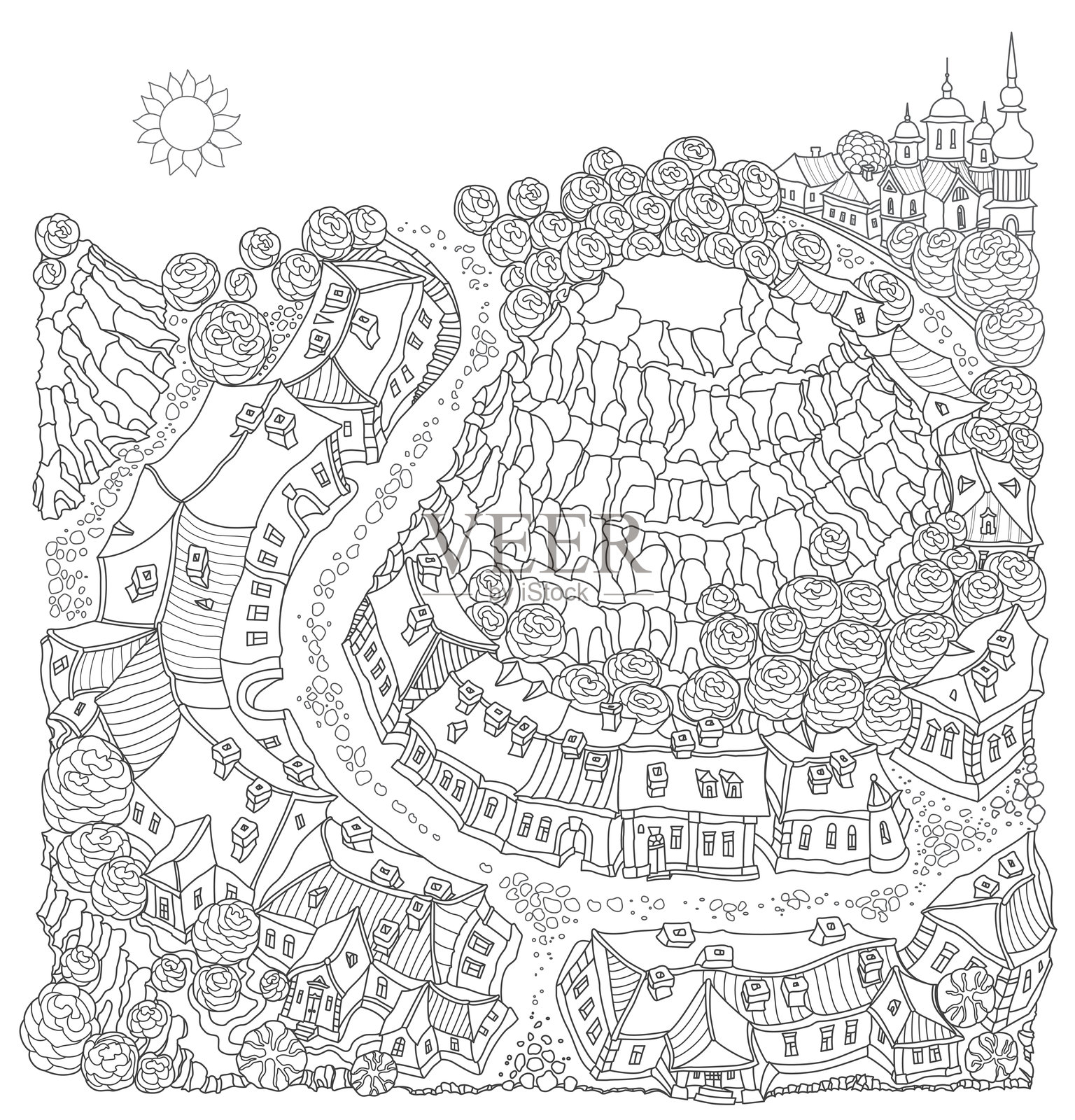黑白幻想小镇风景，街道建筑，中世纪城堡和宫殿。成人和儿童涂色书页面插画图片素材