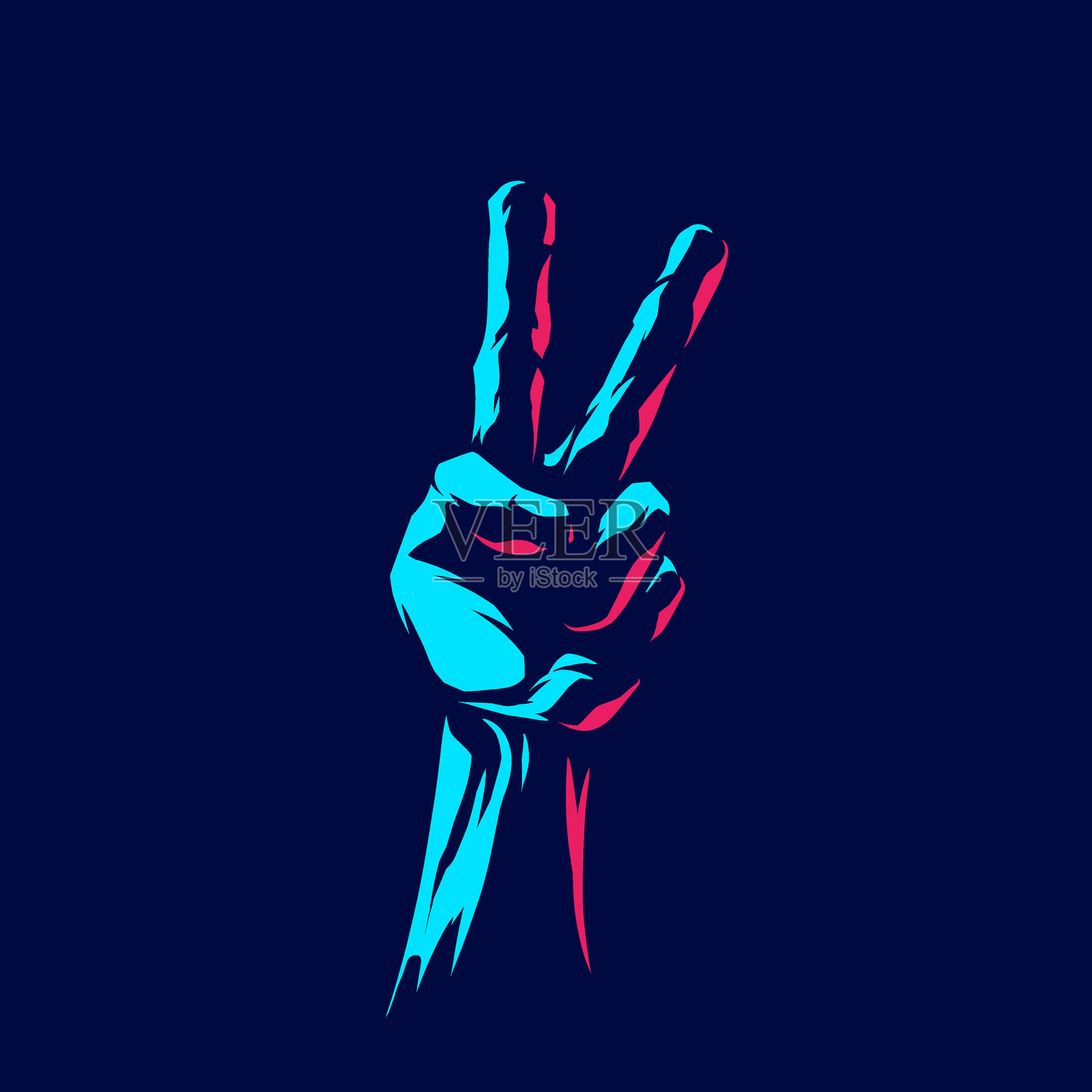 和平手势霓虹线条艺术肖像标志，色彩丰富的设计，背景为深色。抽象矢量插图。适用于T恤、海报、服装、商品、服饰和徽章设计的独立黑色背景。插画图片素材