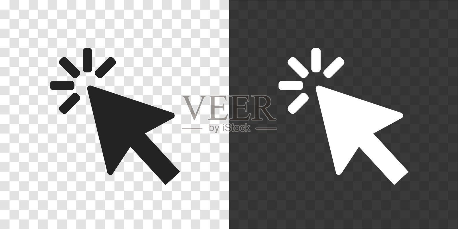 黑白版本的透明背景上带有点击效果的点击光标图标。插画图片素材