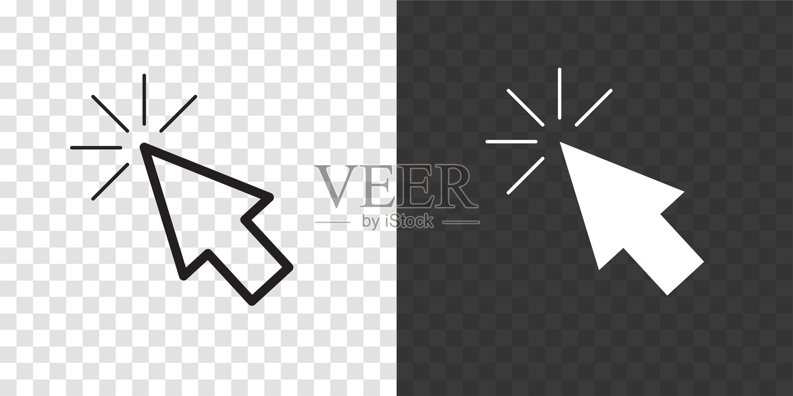 黑白版本的透明背景上带有点击效果的点击光标图标。插画图片素材