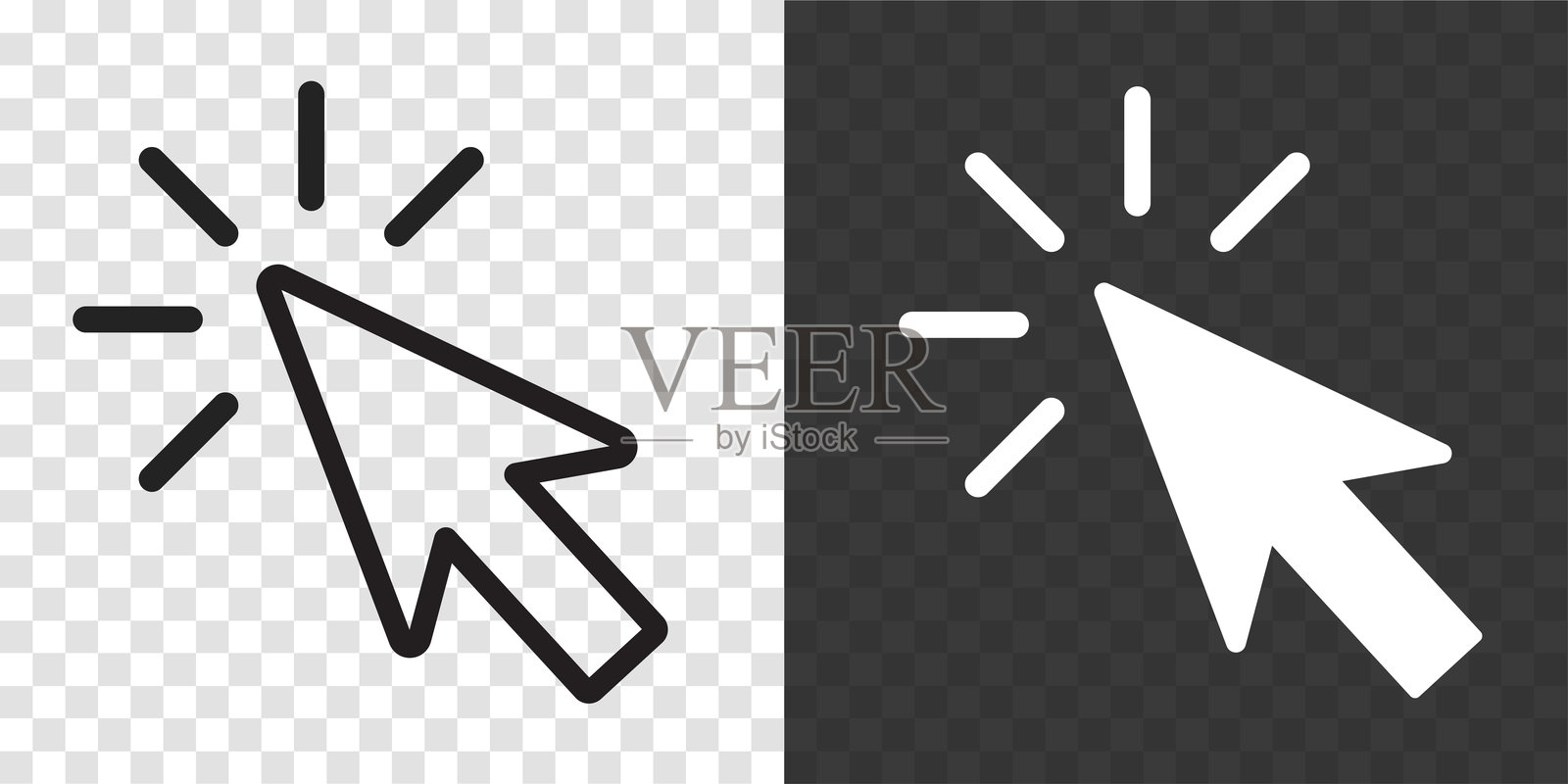 黑白版本的透明背景上带有点击效果的点击光标图标。插画图片素材