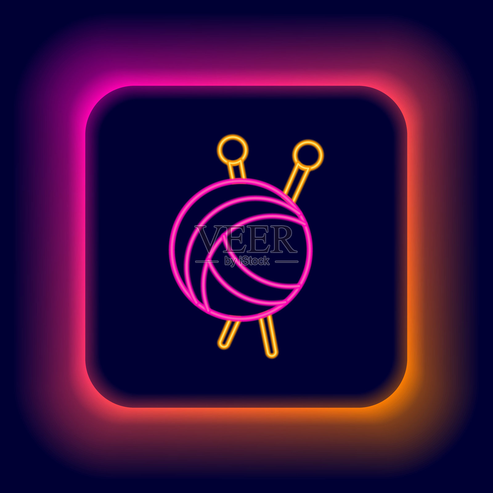 发光的霓虹线球线与针的图标，背景为黑色。手工制作、编织或裁缝店的标签。彩色轮廓概念。矢量图。插画图片素材