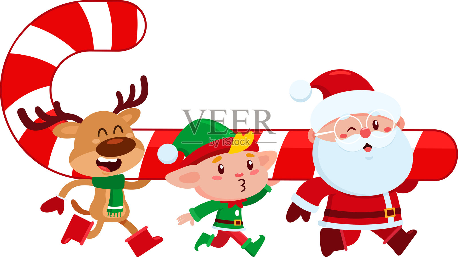 可爱的圣诞老人、小精灵和驯鹿携带巨型糖果手杖庆祝圣诞节的卡通角色插画图片素材