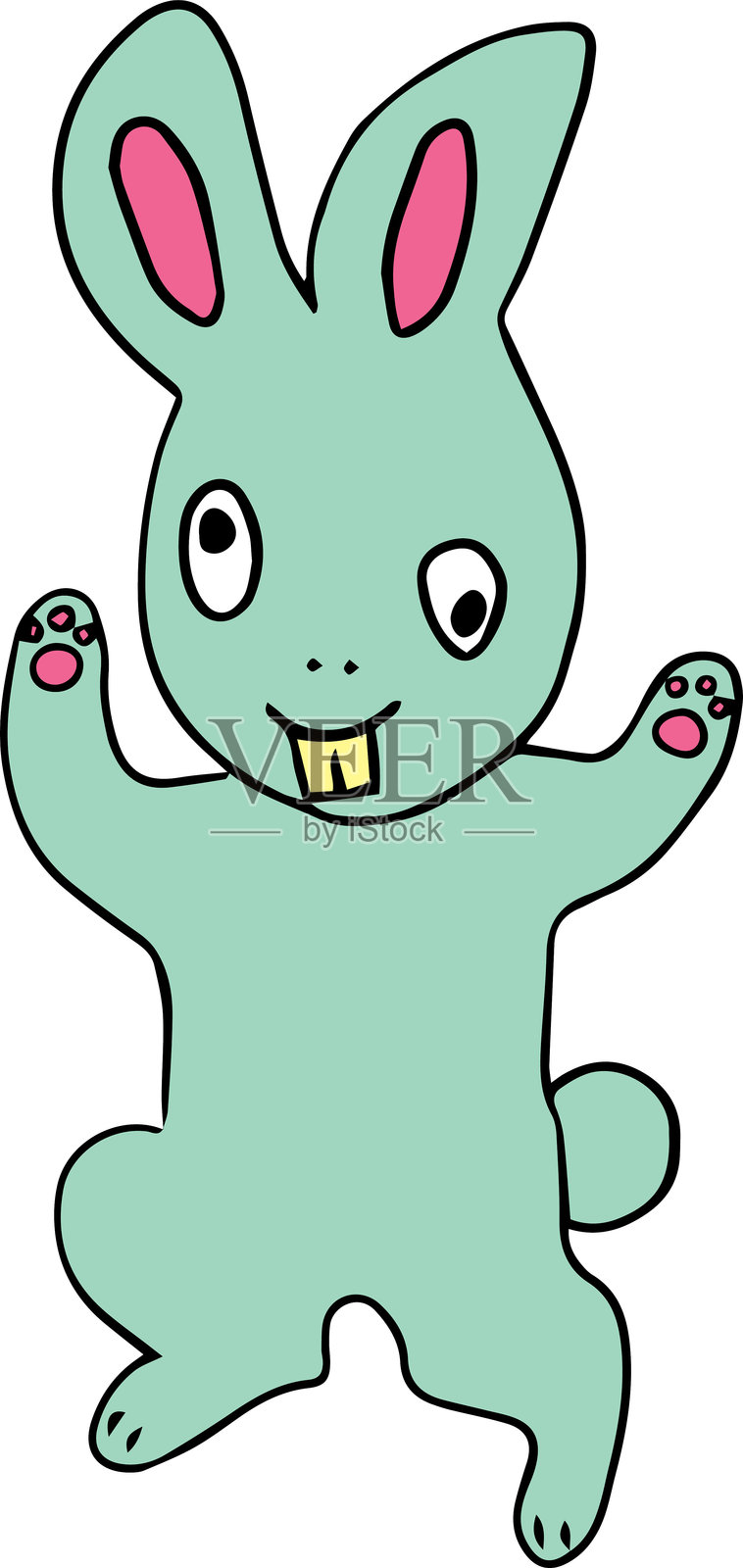 一只有着黄色牙齿和绿色毛发的搞笑野兔，眼睛朝不同方向看，举起双爪，微笑着奔跑。插画图片素材