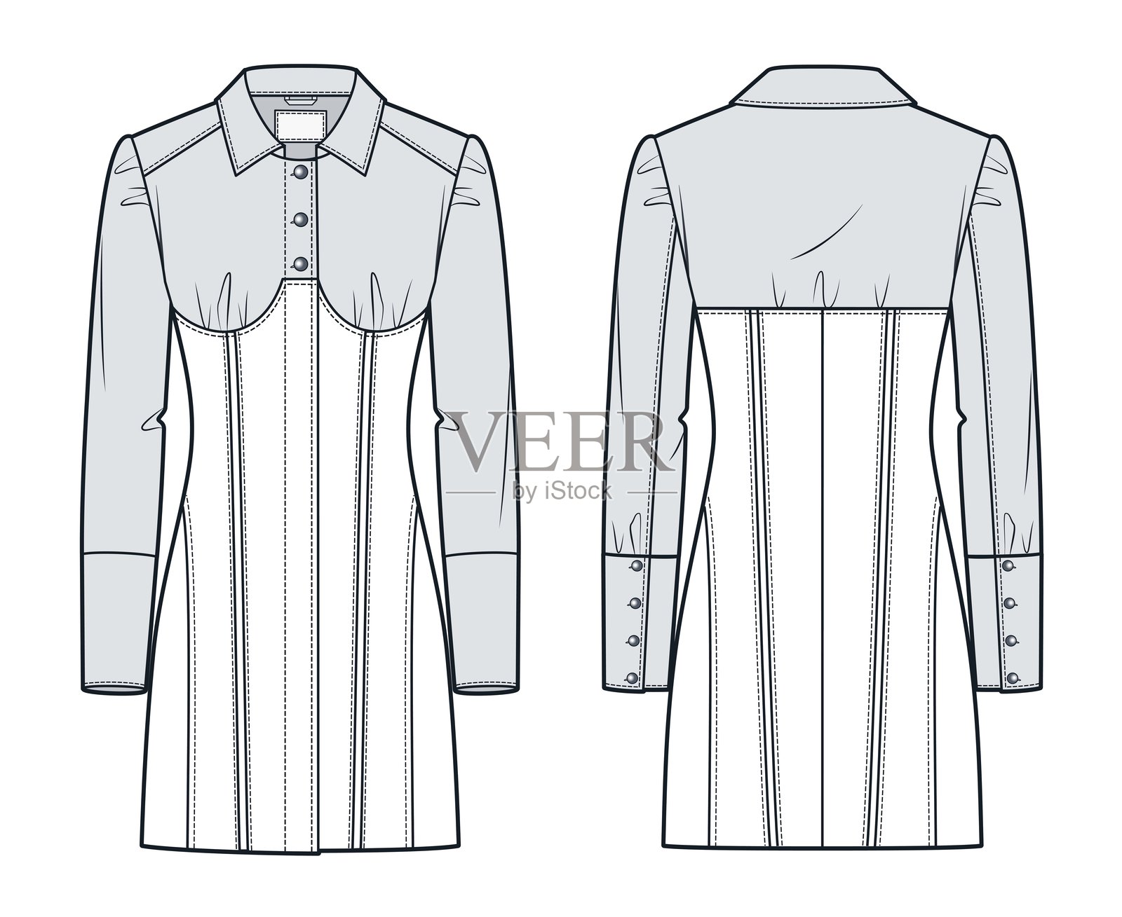 女性衬衫裙技术时尚插图。迷你裙时尚平面技术图纸模板，束身缝合，经典领口，纽扣，褶皱胸部细节，长袖带纽扣袖口，正面和背面视图，白色，女性CAD模型。插画图片素材