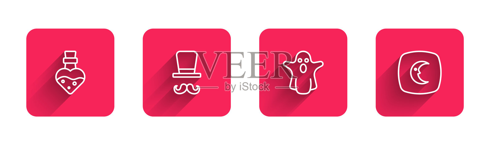 瓶子里装着魔法药水，魔法师，鬼魂，月亮和星星，带有长长的阴影。红色方形按钮。矢量图。插画图片素材