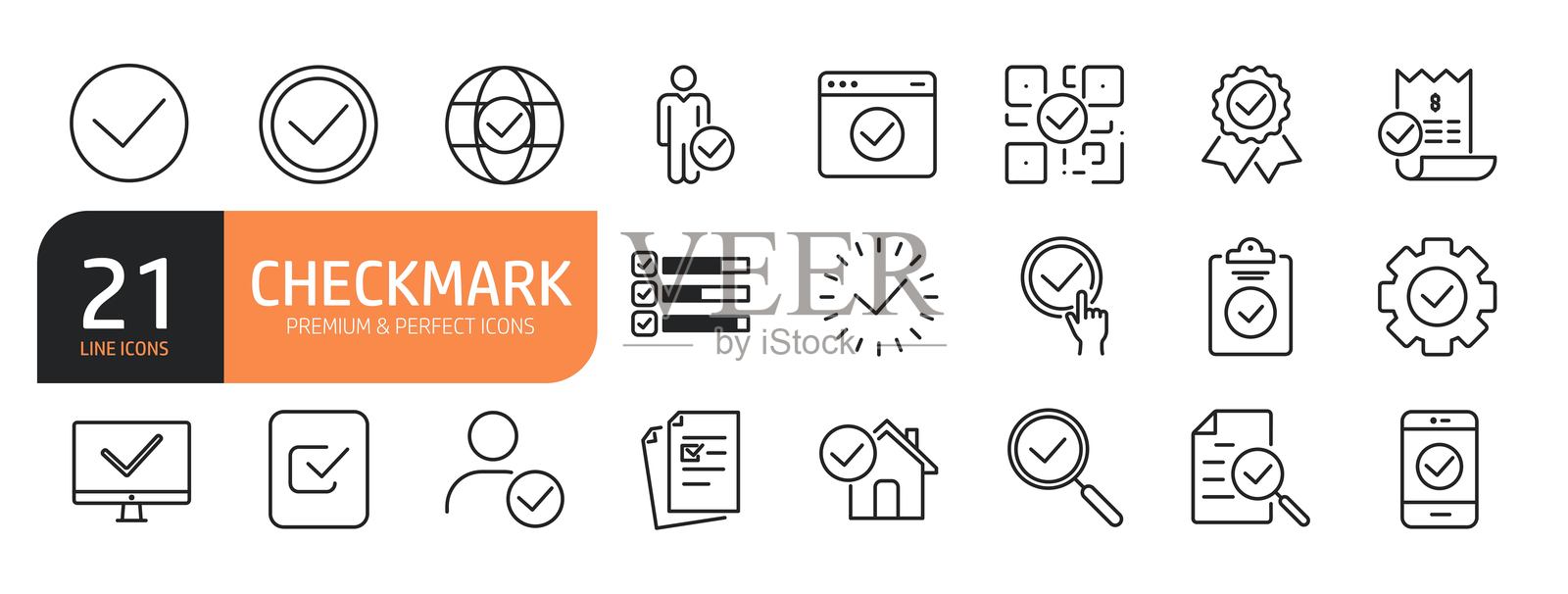 与批准、勾选、确认、认证、验证、文件、接受、清单等相关的线条图标集。轮廓图标集合。可编辑的线条。矢量插图。插画图片素材