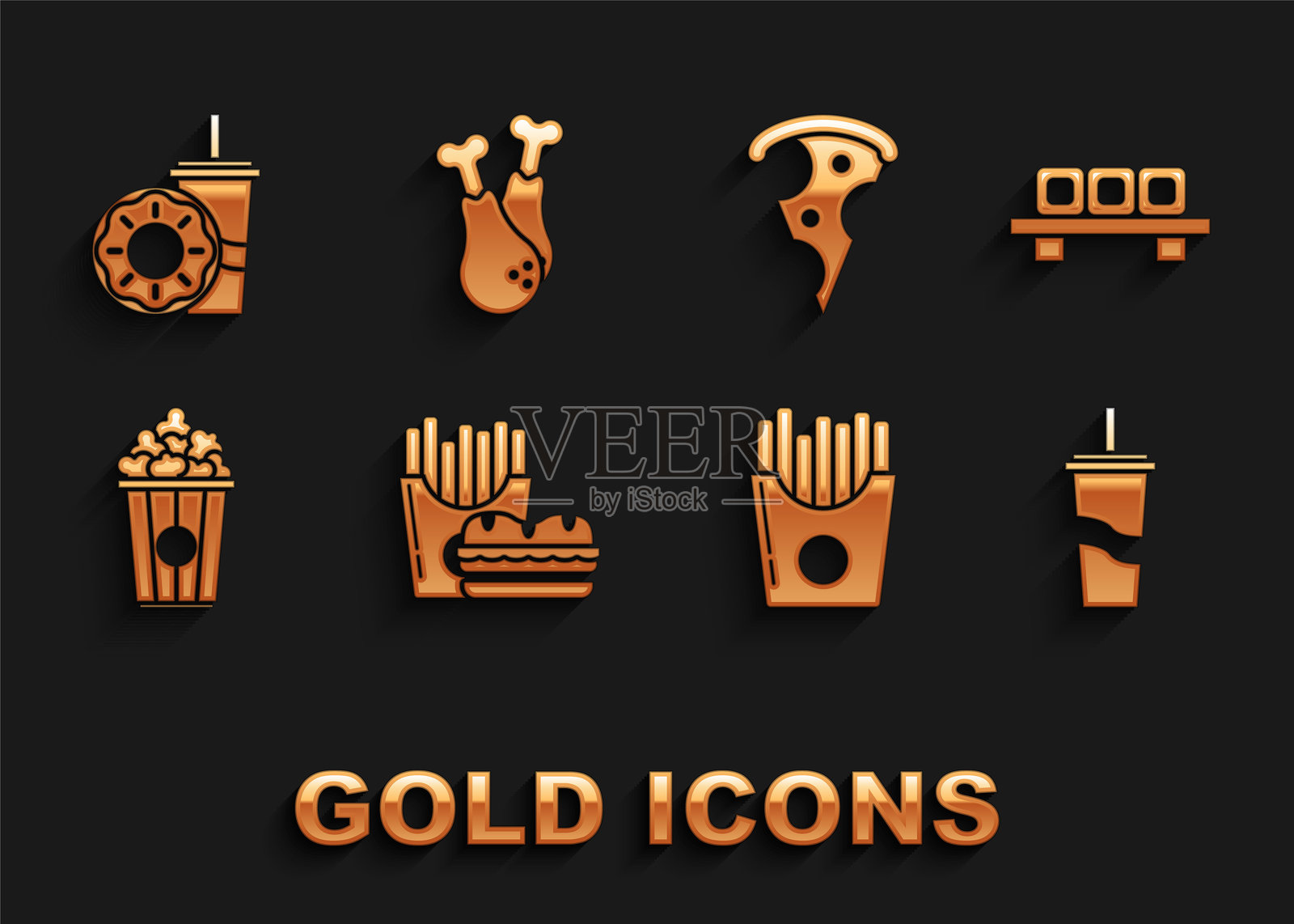 汉堡和薯条放在纸箱包装盒中，寿司切板，带吸管的纸杯水，土豆，纸板爆米花，披萨片，甜甜圈和鸡腿图标。矢量图。插画图片素材