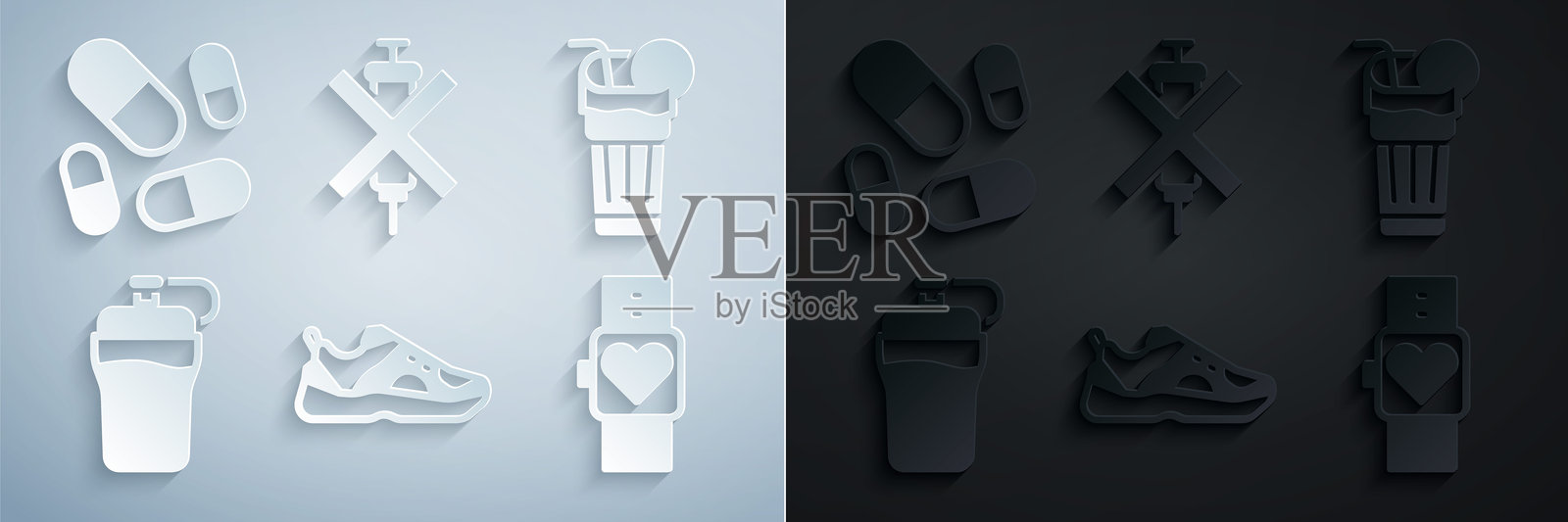 运动鞋、清新果昔、健身摇摇杯、智能手表、无兴奋剂注射器和维生素药丸图标。矢量图。插画图片素材