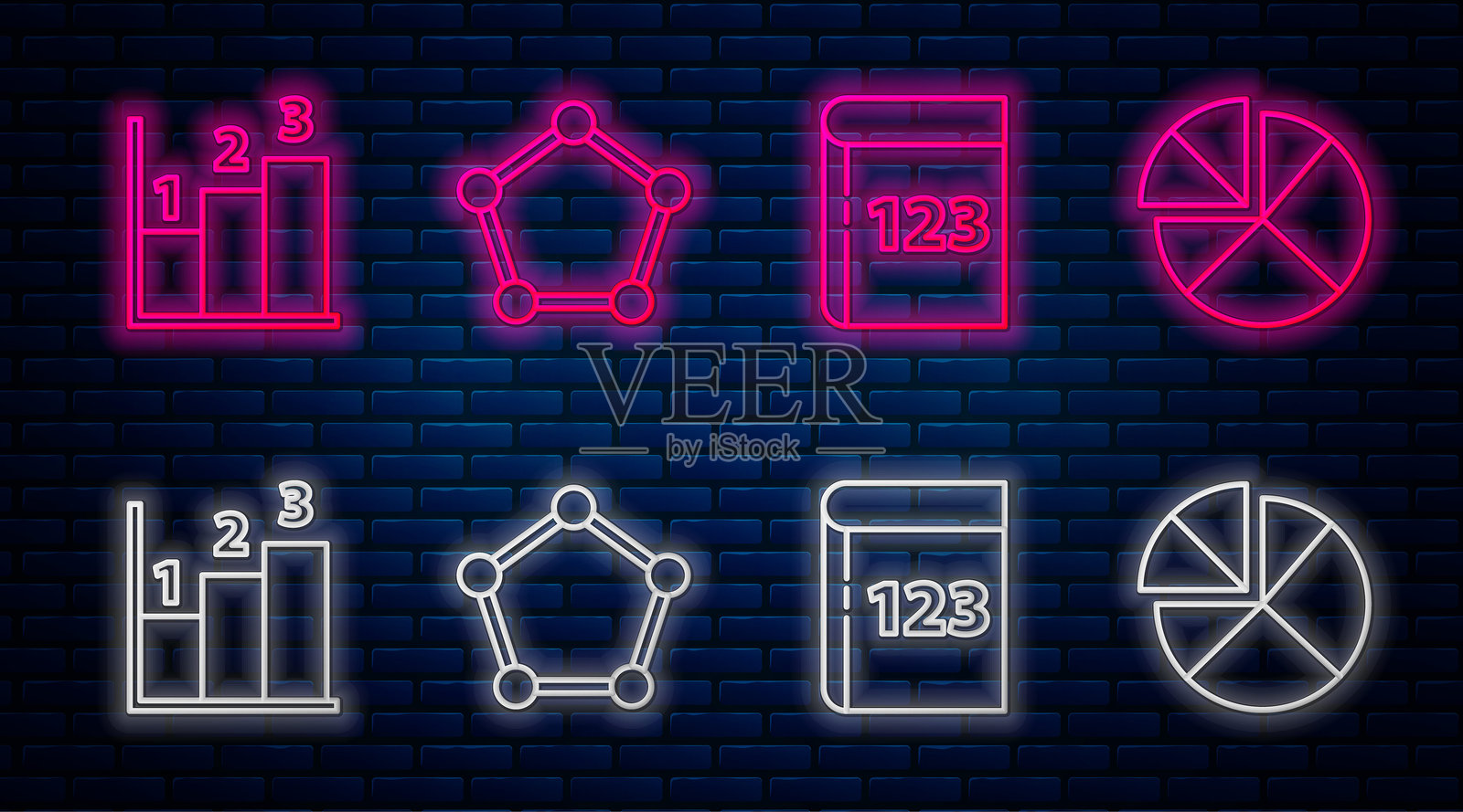 几何图形的线条，球体，测试或考试试卷和钢笔，图表，日程，图表，图解和算盘。砖墙上的发光霓虹图标。矢量图。插画图片素材