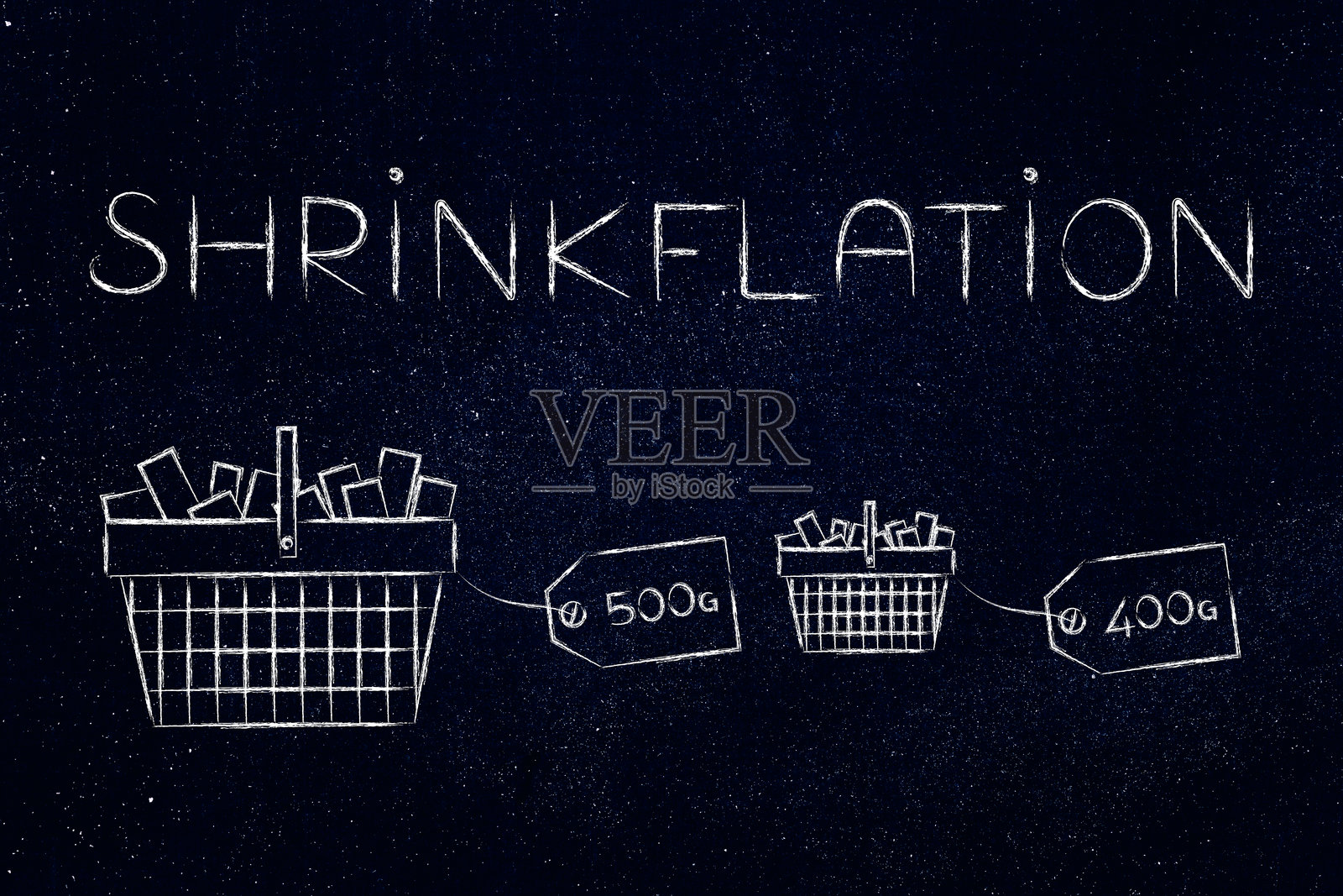 购物篮上的产品重量标签设计，因通货膨胀导致产品变小但价格不变的缩小通胀现象插画图片素材