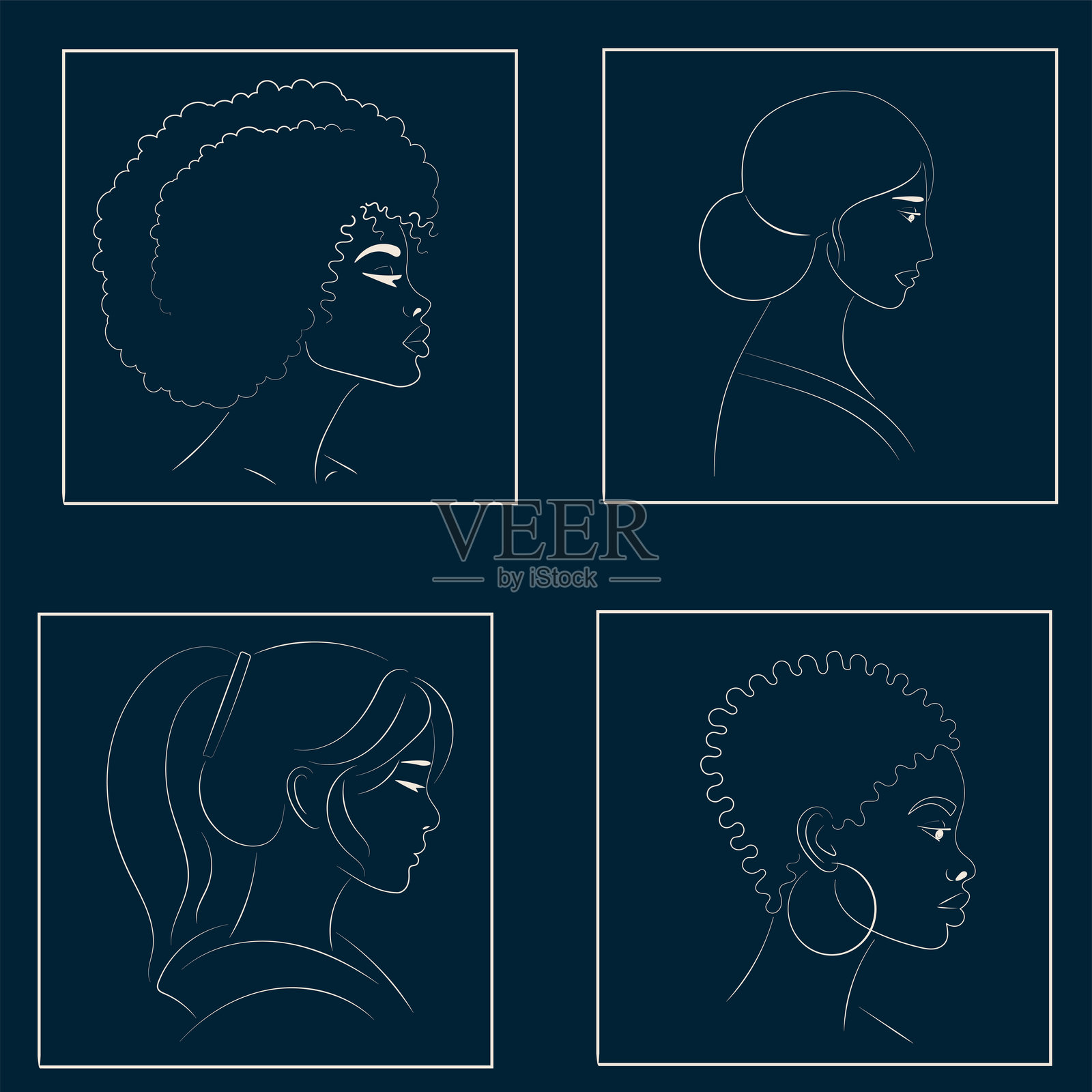 线条艺术。不同国籍女孩的肖像系列插画图片素材