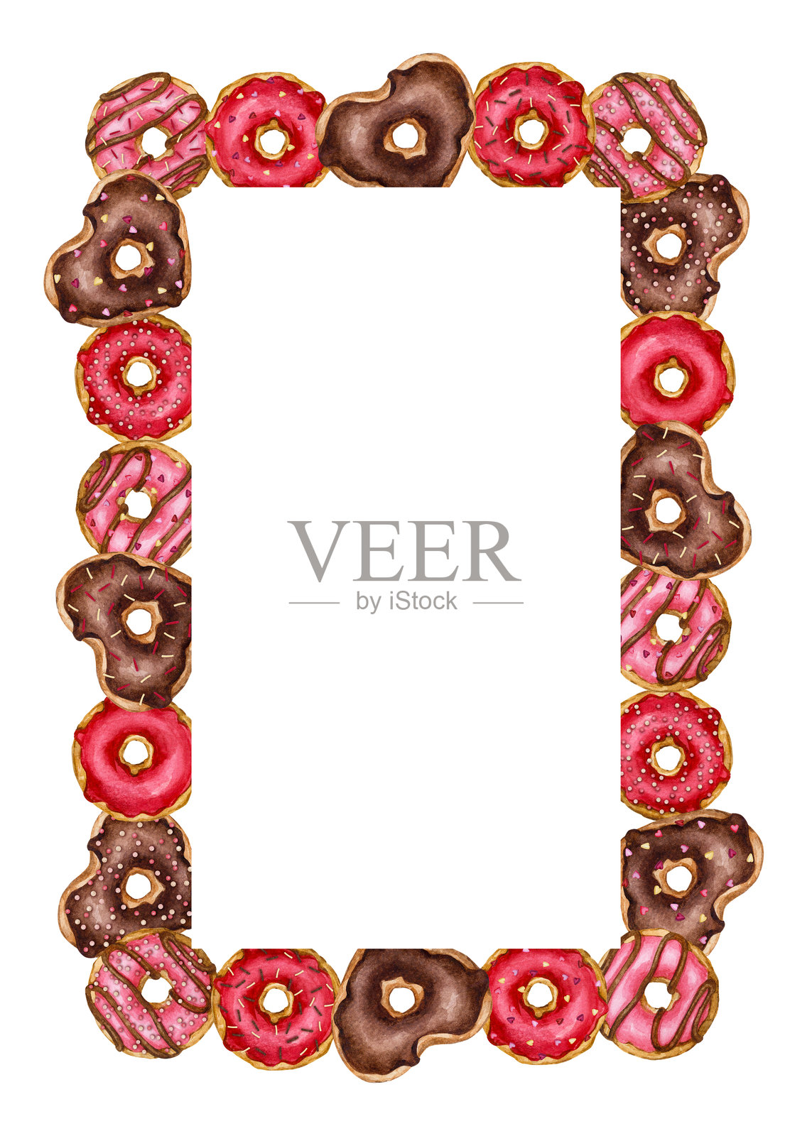 用甜甜圈制作的矩形框架。水彩手绘框架，适用于明信片、邀请函、海报、横幅、菜单。情人节、生日、儿童派对。背景为白色。插画图片素材