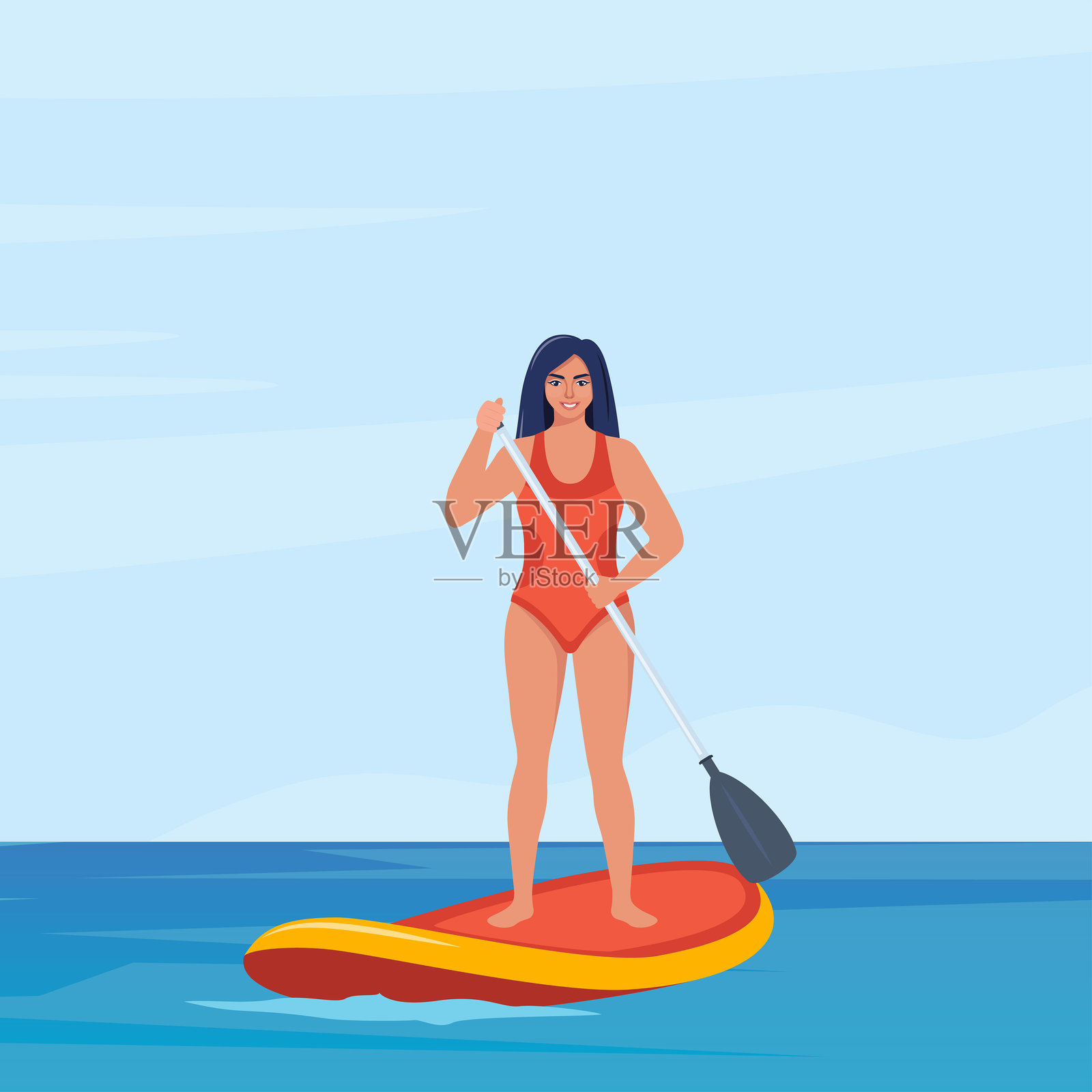 女孩站在水上的立式划水板上。快乐的女性手持桨在海上游泳。夏季水上运动活动。矢量插图。插画图片素材