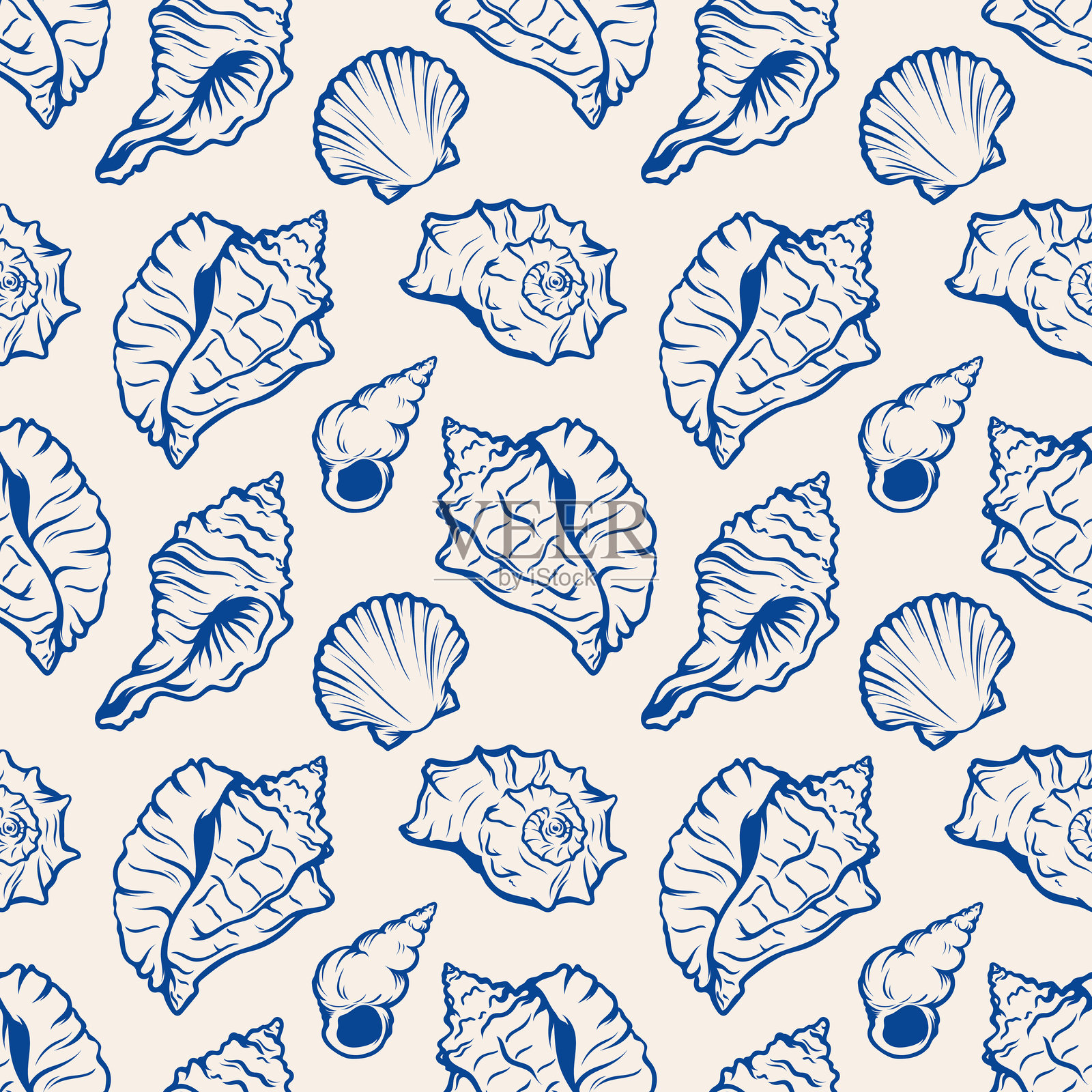 海洋贝壳无缝图案手绘艺术线条水下场景。复古风格插图。非常适合卡片、包装、婚礼印刷和装饰。插画图片素材