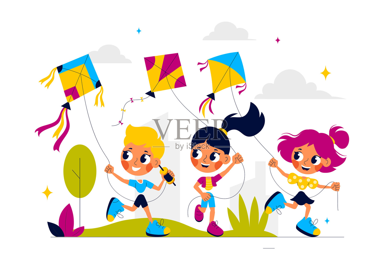 户外放风筝的人们矢量插图，展现快乐的夏日活动、假日乐趣和幸福的平面卡通背景插画图片素材