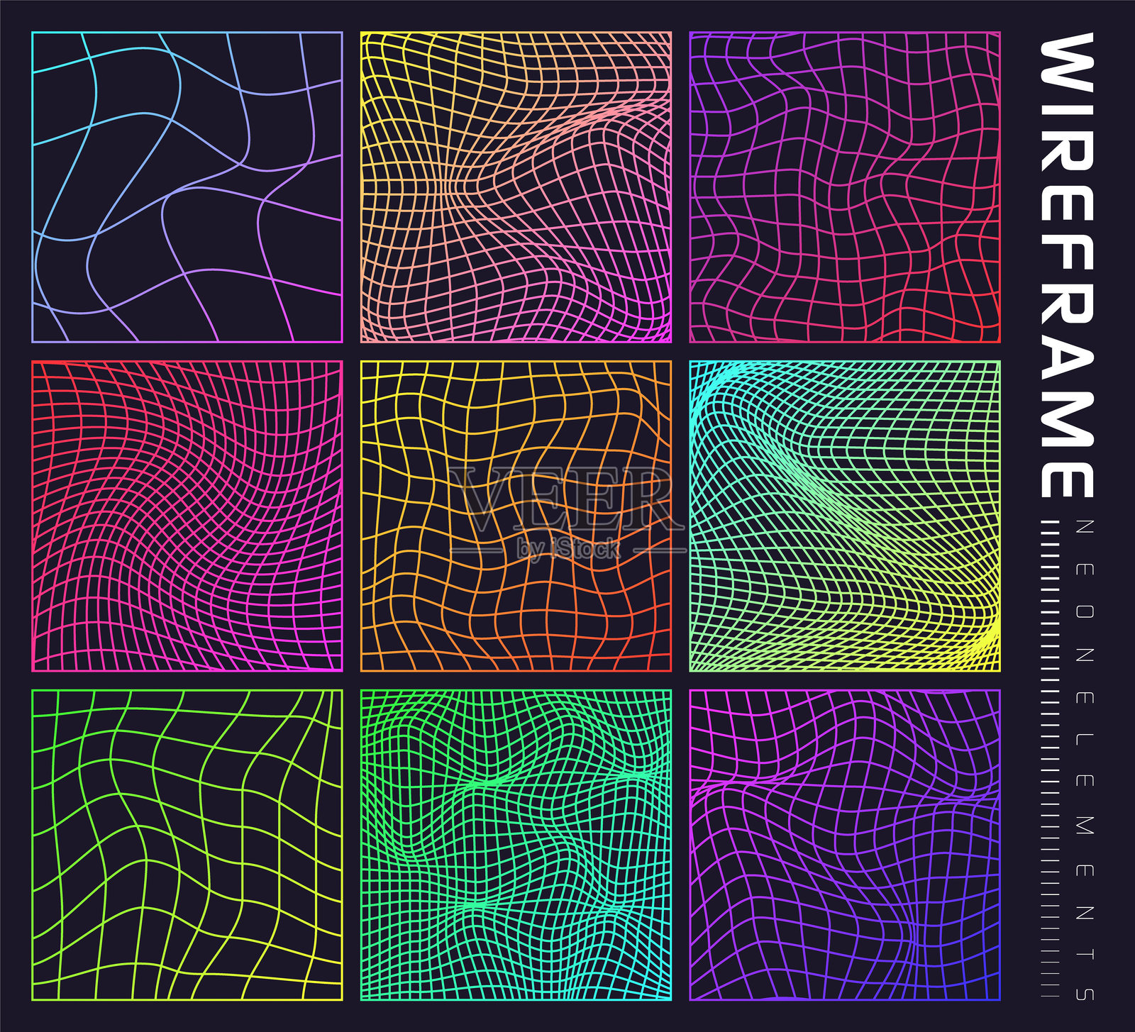 多彩的线框形状，带有透视网格的3D网格。低多边形几何元素。复古未来主义设计元素，Y2K，蒸汽波和合成波风格。矢量插图插画图片素材
