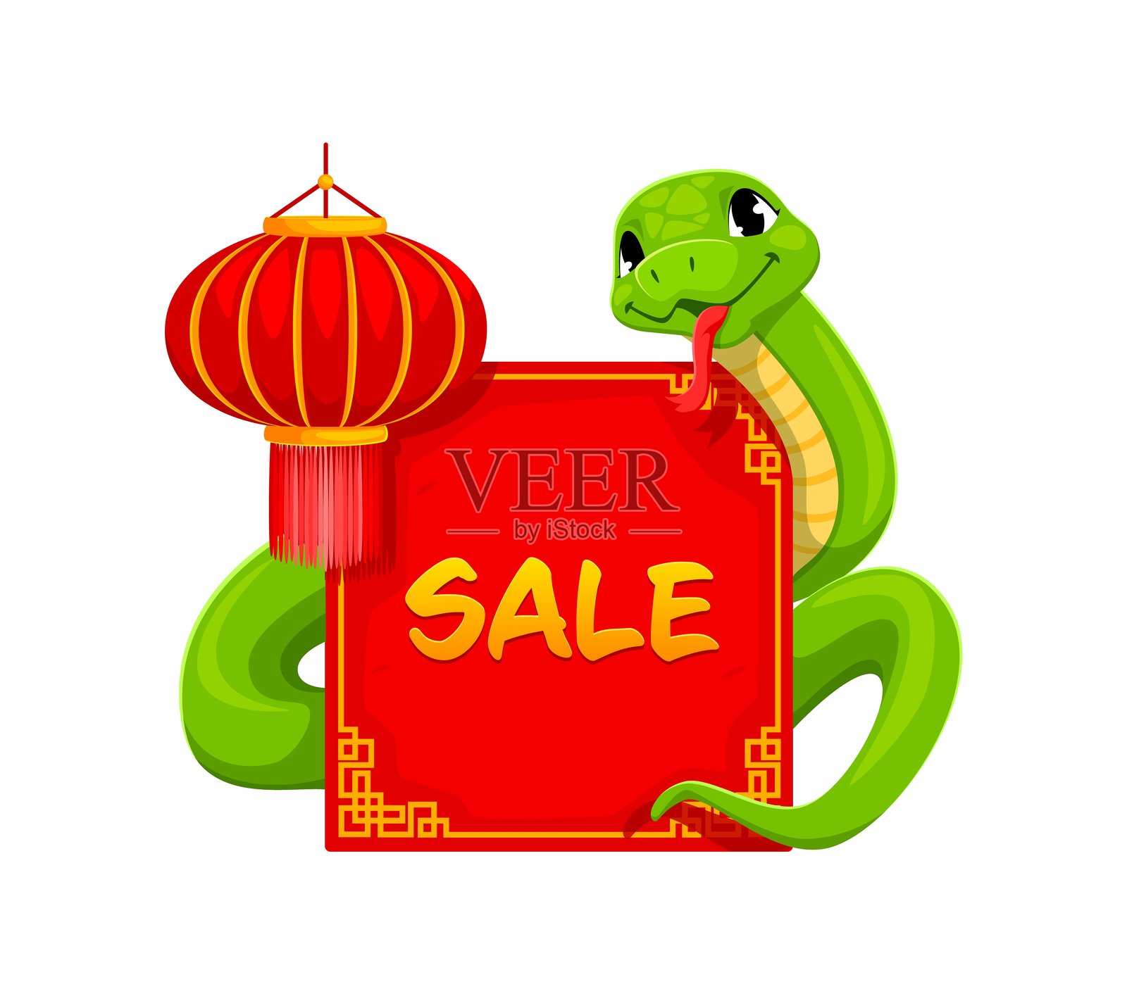亚洲生肖蛇，促销横幅和红灯笼插画图片素材