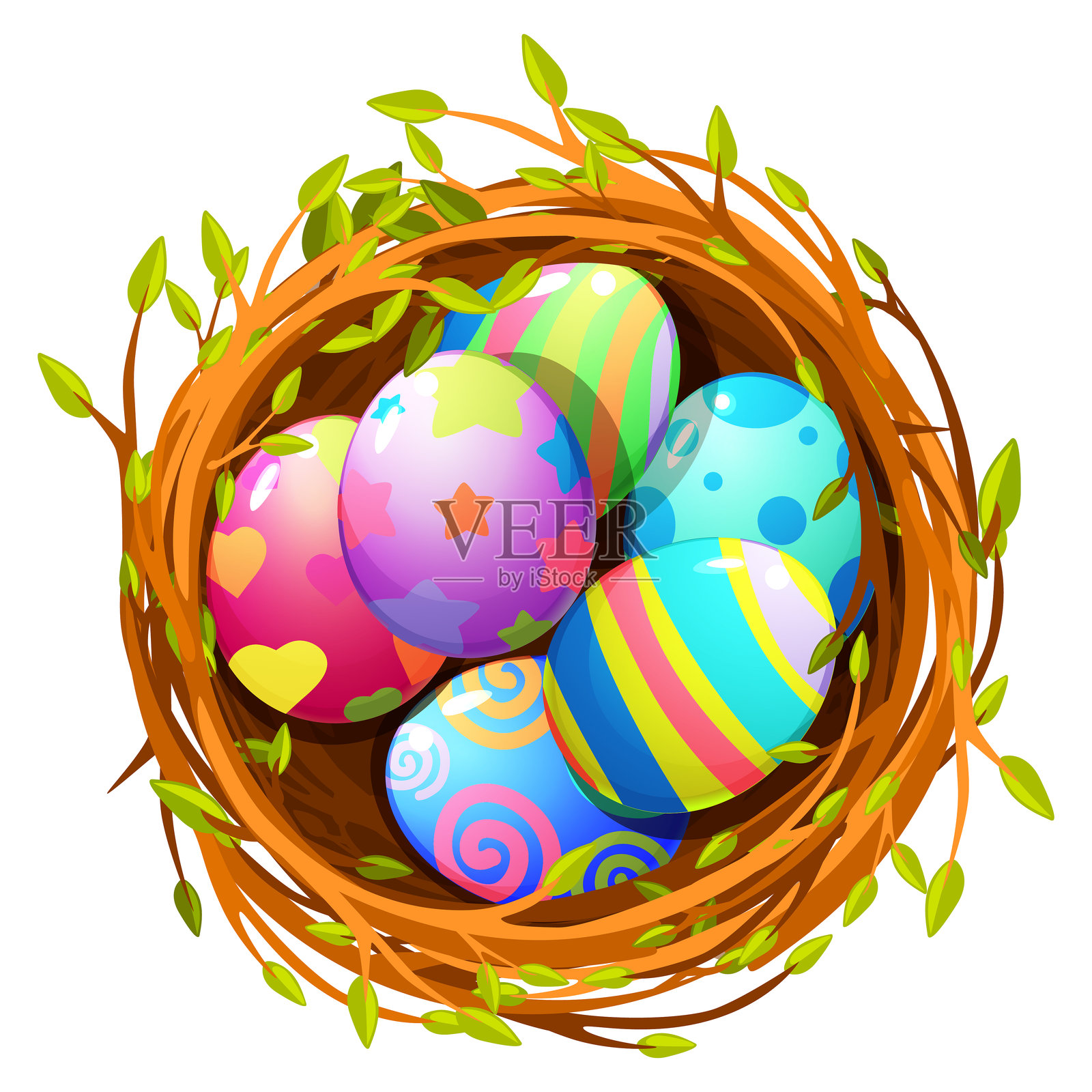 复活节五彩斑斓的蛋在鸟巢中，适合用于贺卡、贴纸、邀请函及其他多种设计。扁平卡通风格的矢量插图。插画图片素材