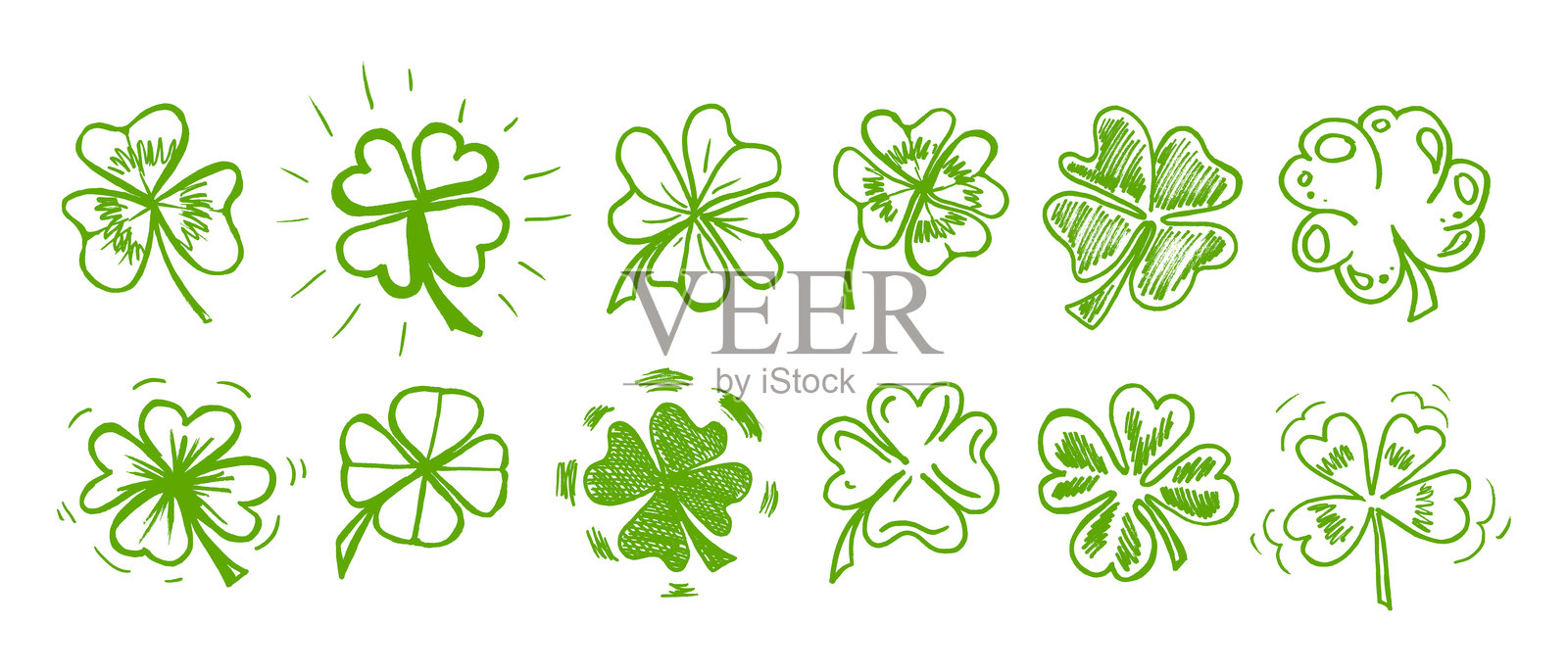 幸运的四叶三叶草图标手绘风格矢量插图集。插画图片素材