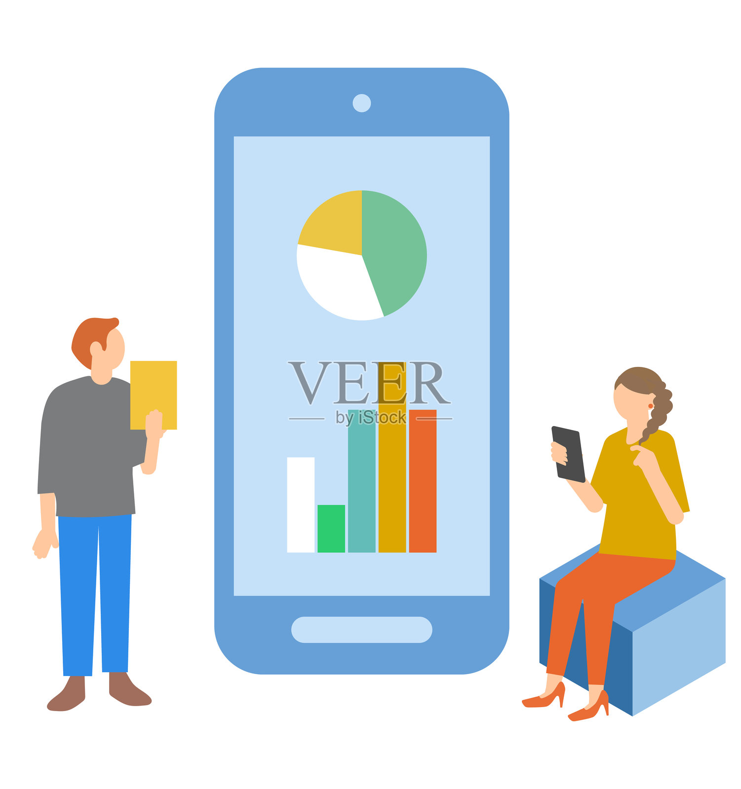 一男一女正在分析图表，同时查看他们的手机。插画图片素材