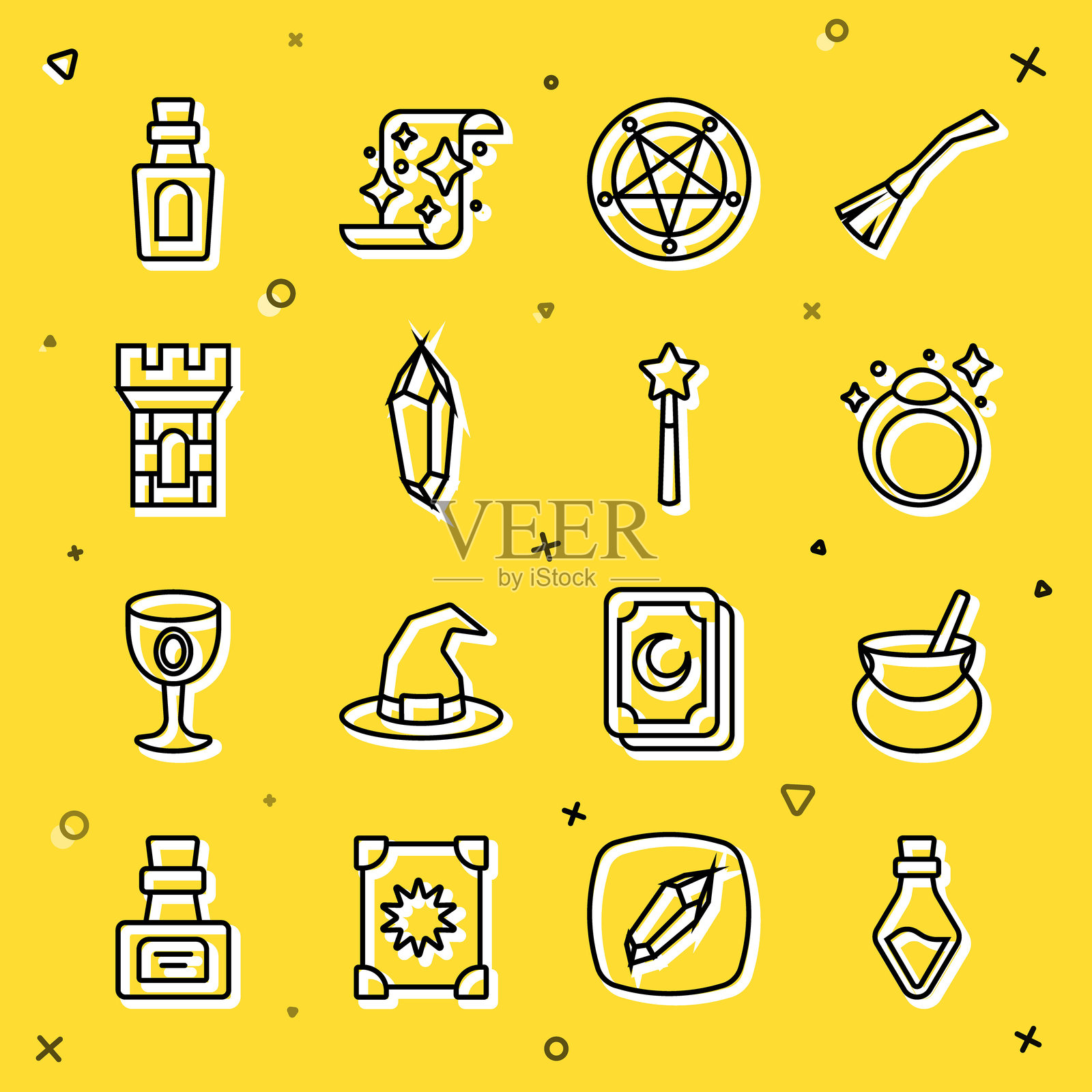 瓶子与药水、女巫的锅、魔法石戒指、五角星圈、城堡塔楼和魔杖图标。矢量图。插画图片素材