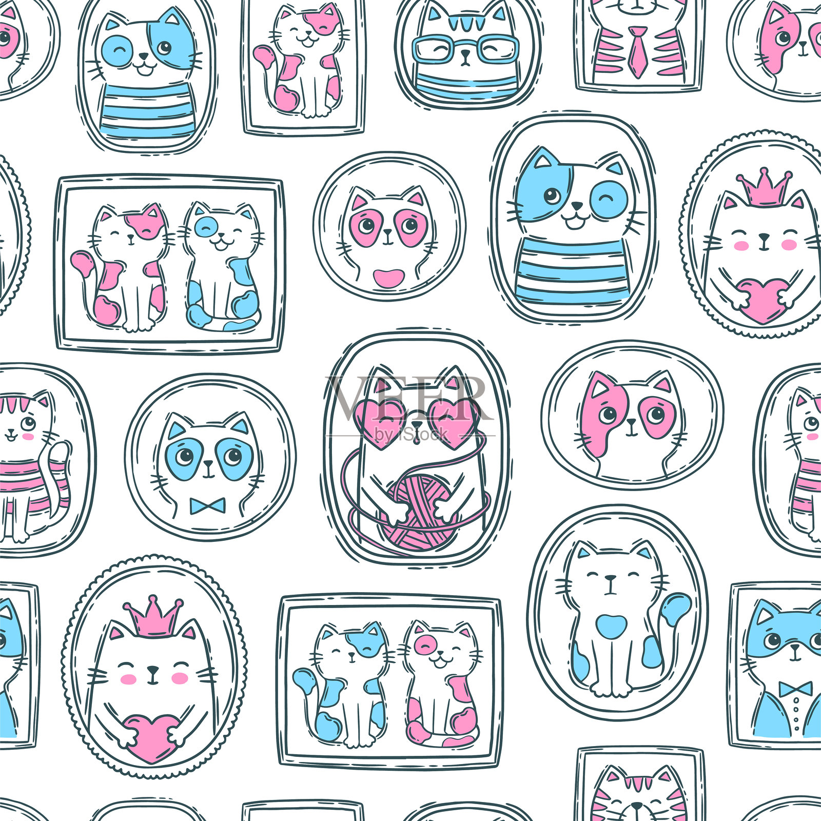 手绘矢量插图猫脸肖像。可爱的儿童涂色插画图片素材