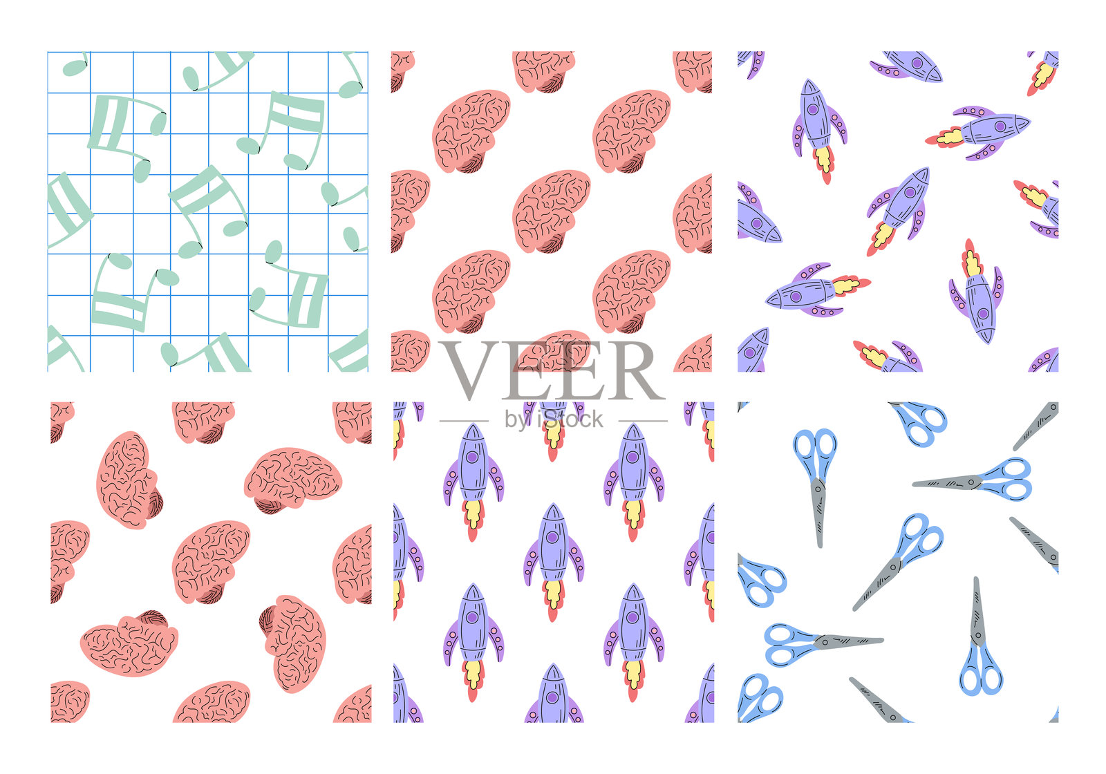 一组无缝图案，包含音乐音符、大脑和火箭的扁平风格设计插画图片素材