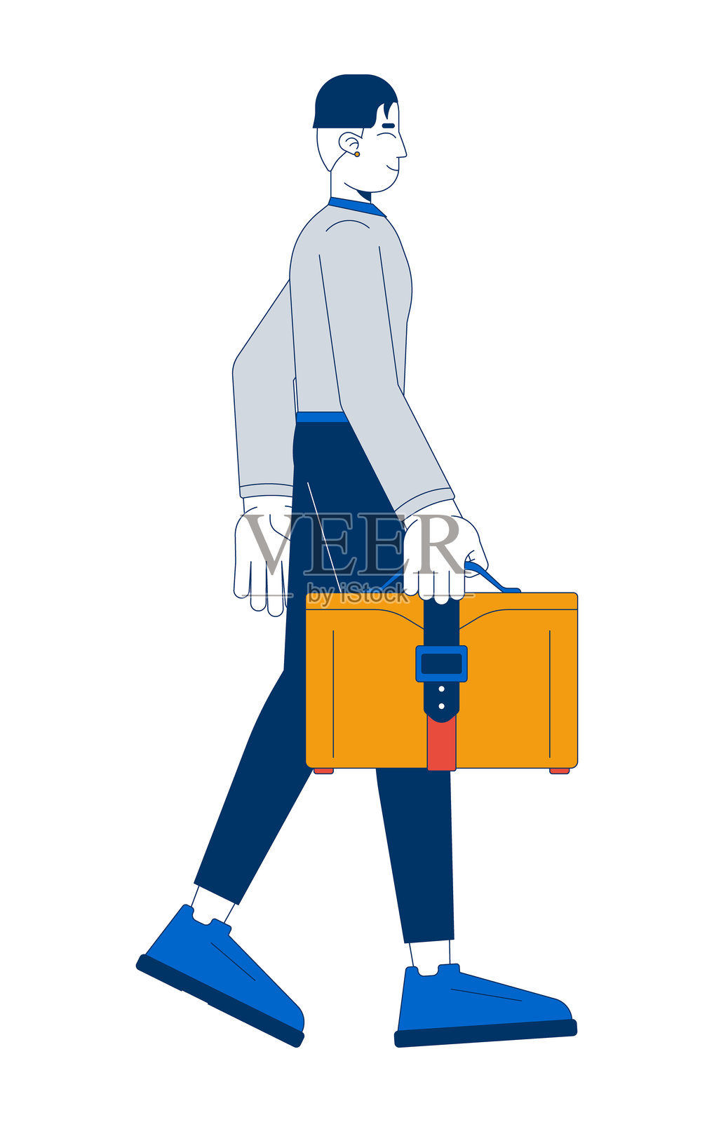 自信地走着的亚洲商人，手提公文包的2D卡通角色插画图片素材