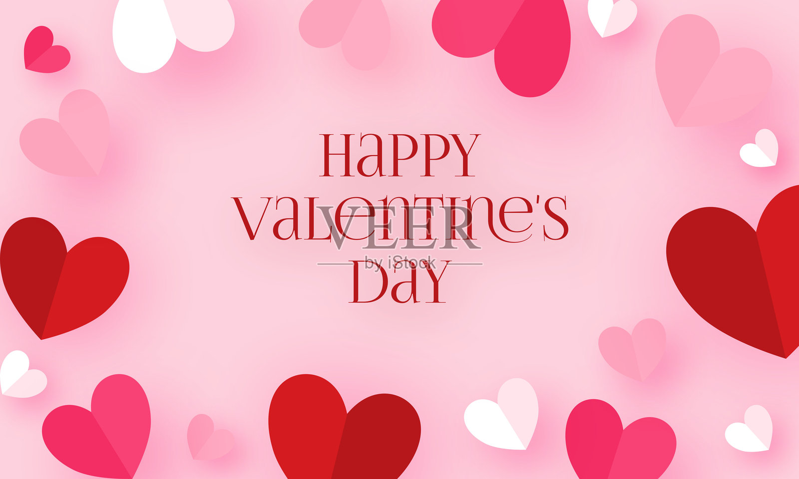 情人节快乐的标题或代金券模板，配有心形图案、粉色天空和剪纸云朵，留有文字位置。插画图片素材