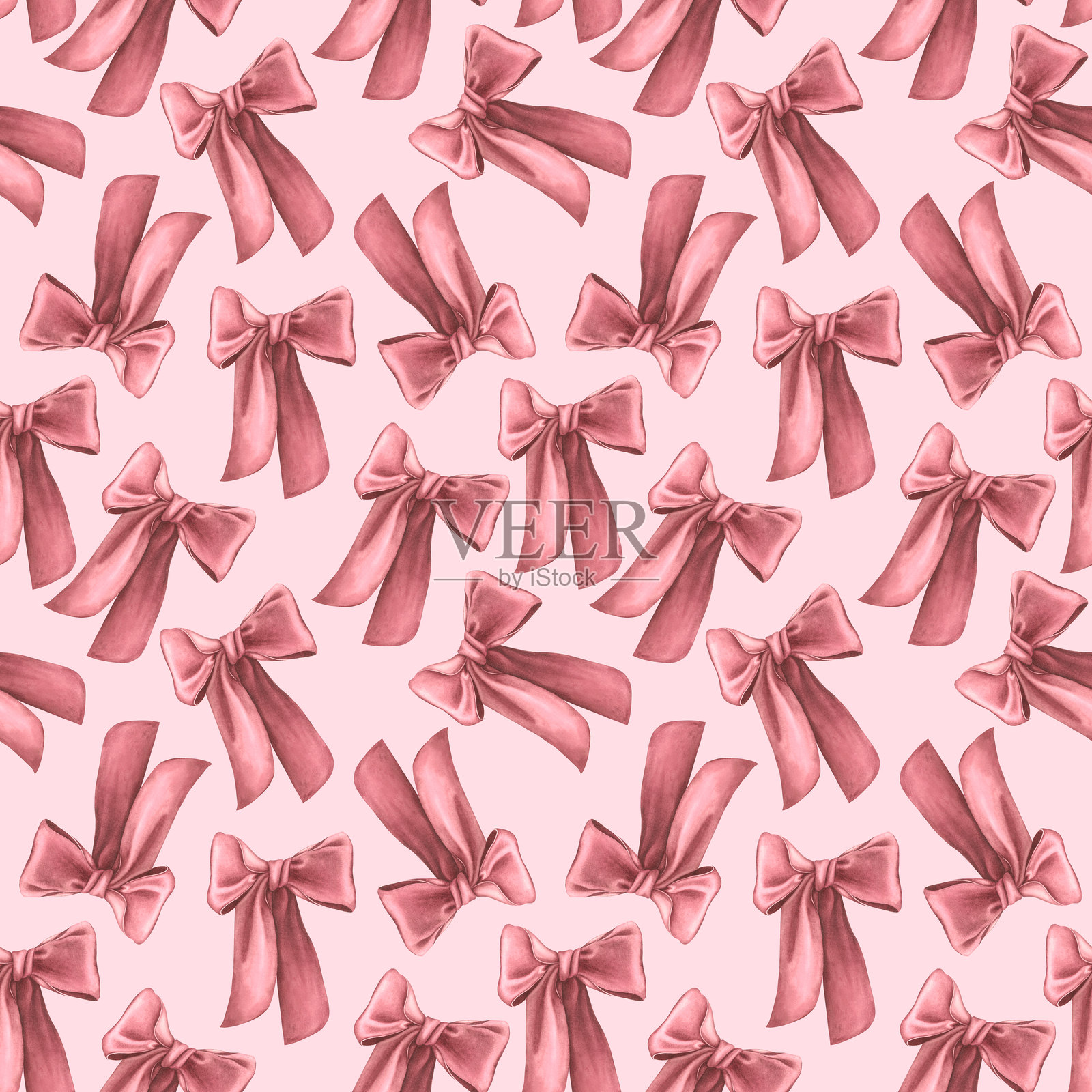 深红色的调皮丝带蝴蝶结无缝图案。手绘水彩插图，配饰孤立在粉色背景上。适用于包装纸、包装、墙纸、手机壳、卡片。插画图片素材