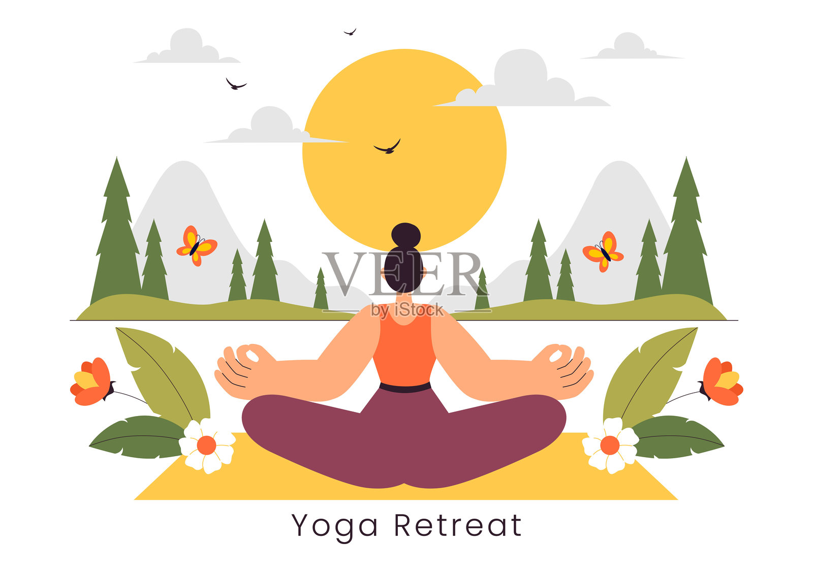 瑜伽静修矢量插图，展示逃离日常生活的活动，包括冥想、瑜伽和呼吸练习，背景中有相关元素。插画图片素材