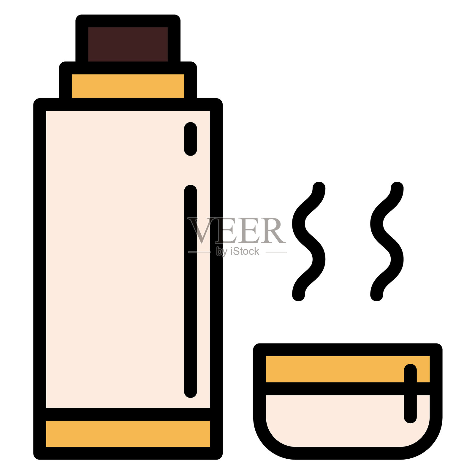 保温瓶线条图标。真空瓶轮廓矢量标志。适用于热饮的露营或登山保温杯线性风格图标。符号，标志插图。可编辑的线条。插画图片素材