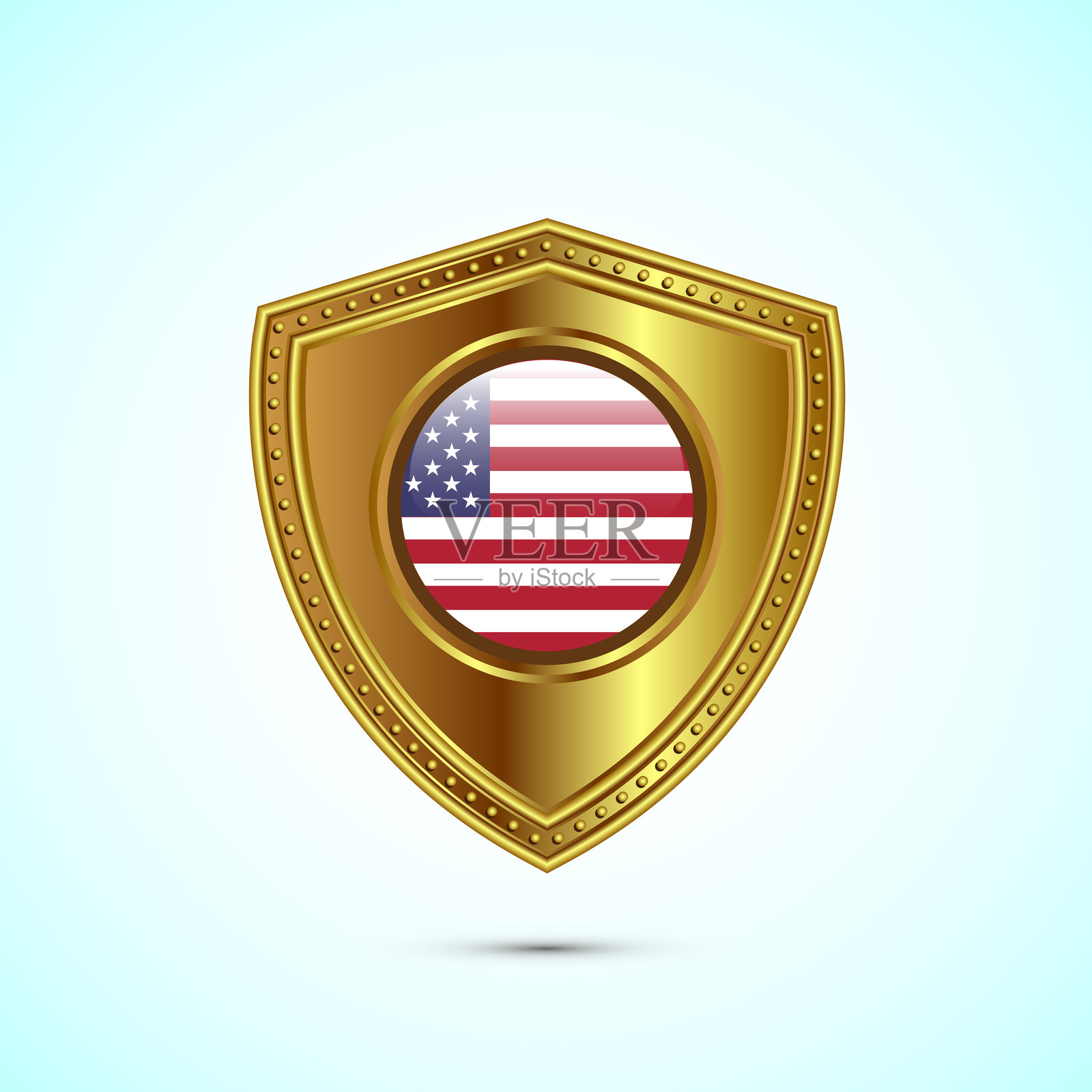 带有光泽金色盾牌的圆形美国国旗插画图片素材