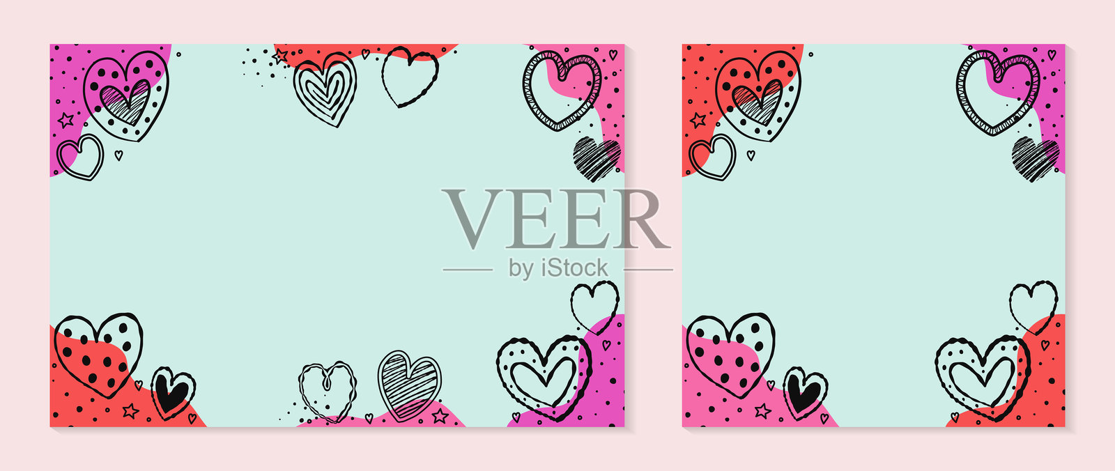 一组可爱的手绘心形背景。适用于情人节、母亲节和国际妇女节的卡通风格设计。矢量插图插画图片素材