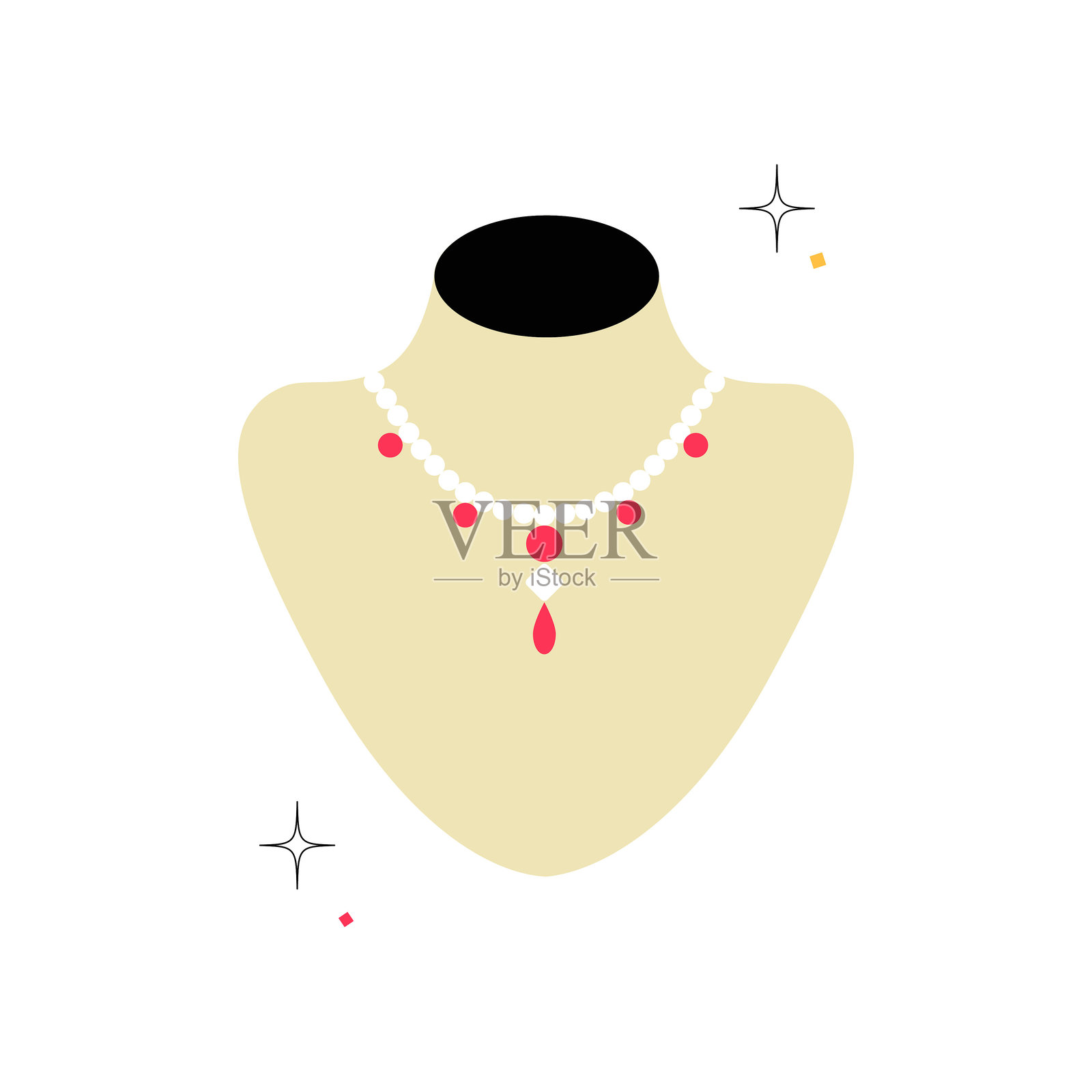 红白相间的珠子项链展示在模特上，平面矢量插图象征着时尚、珠宝展示和优雅，背景为白色。插画图片素材