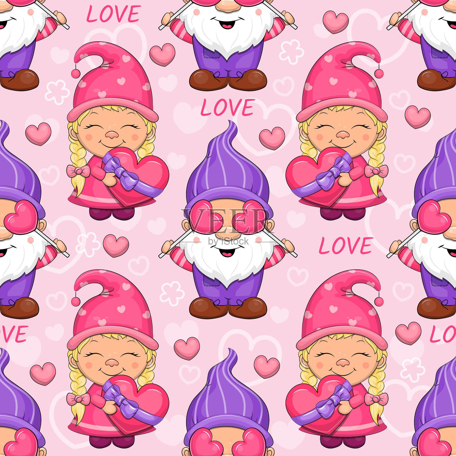 可爱卡通侏儒的无缝图案。插画图片素材