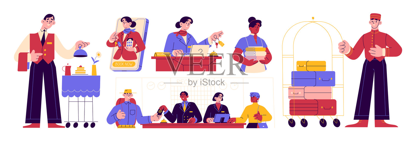 卡通风格的矢量角色集合。酒店员工。酒店业务。插画图片素材