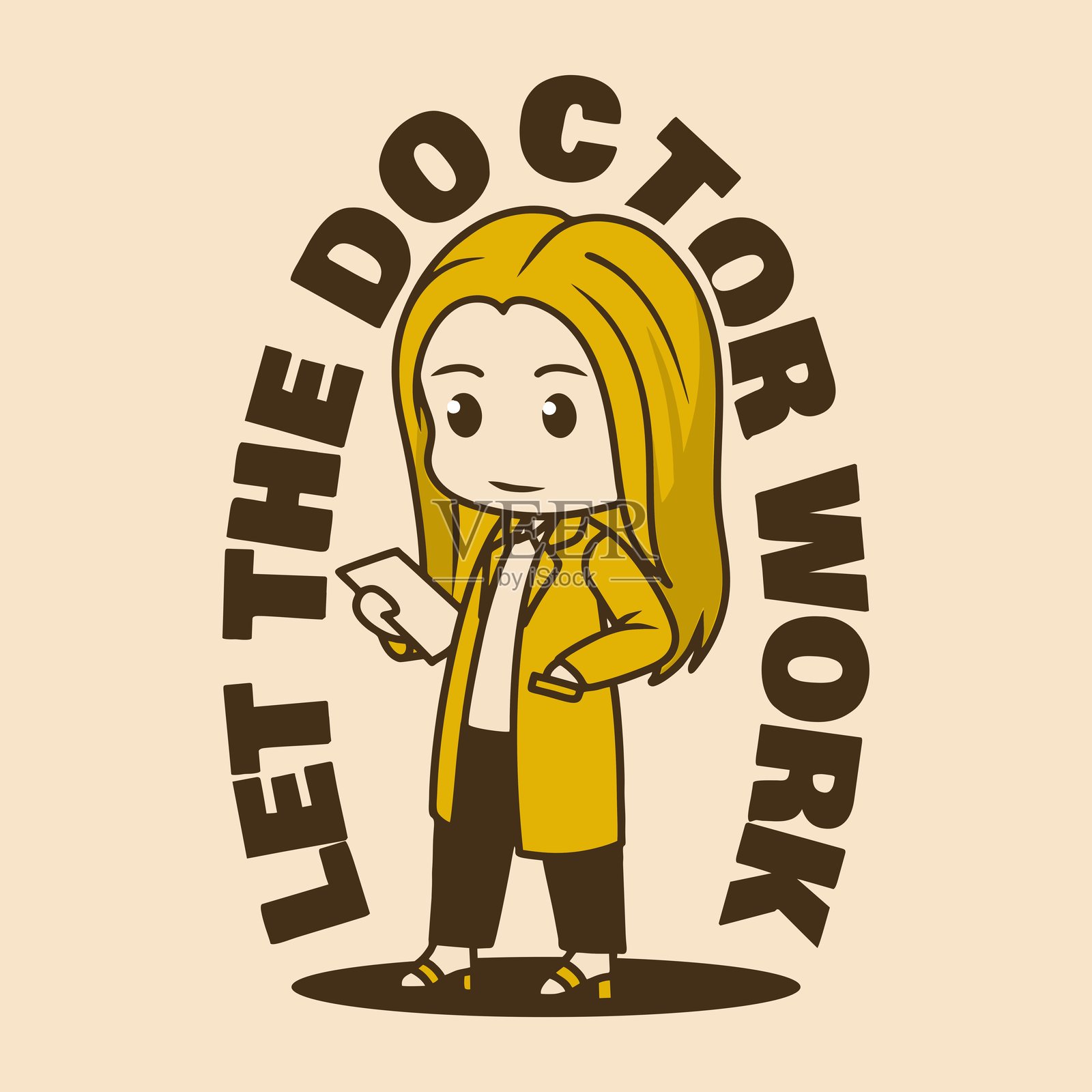 让医生工作。可爱的迷你女孩穿着长外套，摆出行走姿势。插画图片素材