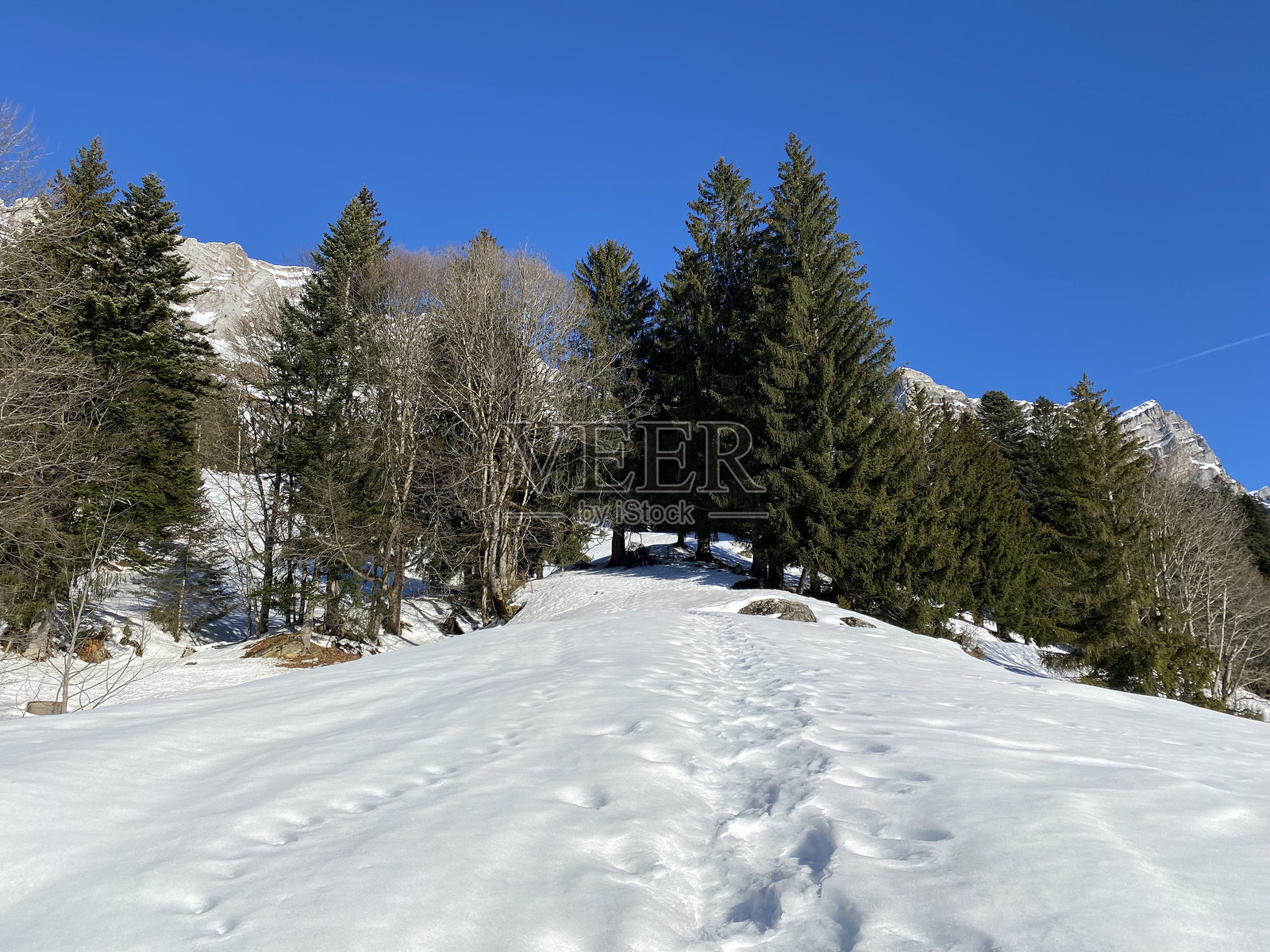 美妙的冬季远足小径和在瑞士阿尔卑斯山的清新雪覆盖下，瓦伦湖或瓦伦施塔特湖（Walensee）上的痕迹，瓦伦施塔特山 - 瑞士圣加仑州照片摄影图片